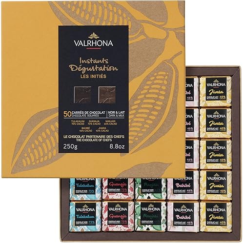 Valrhona Gourmet Assorted Chocolate Gift Box, 50 Dark & Milk French Chocolate squares - Tulakalum 75%, Guanaja 70%, Manjari 64%, Bahibé 46% and Jivara
