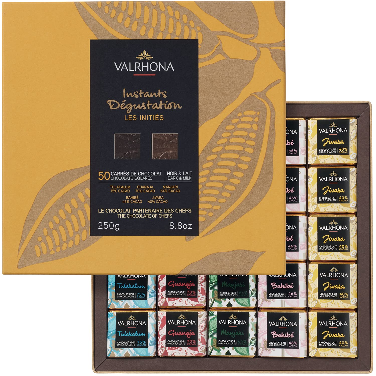 Valrhona Gourmet Assorted Chocolate Gift Box, 50 Dark & Milk French Chocolate squares - Tulakalum 75%, Guanaja 70%, Manjari 64%, Bahibé 46% and Jivara