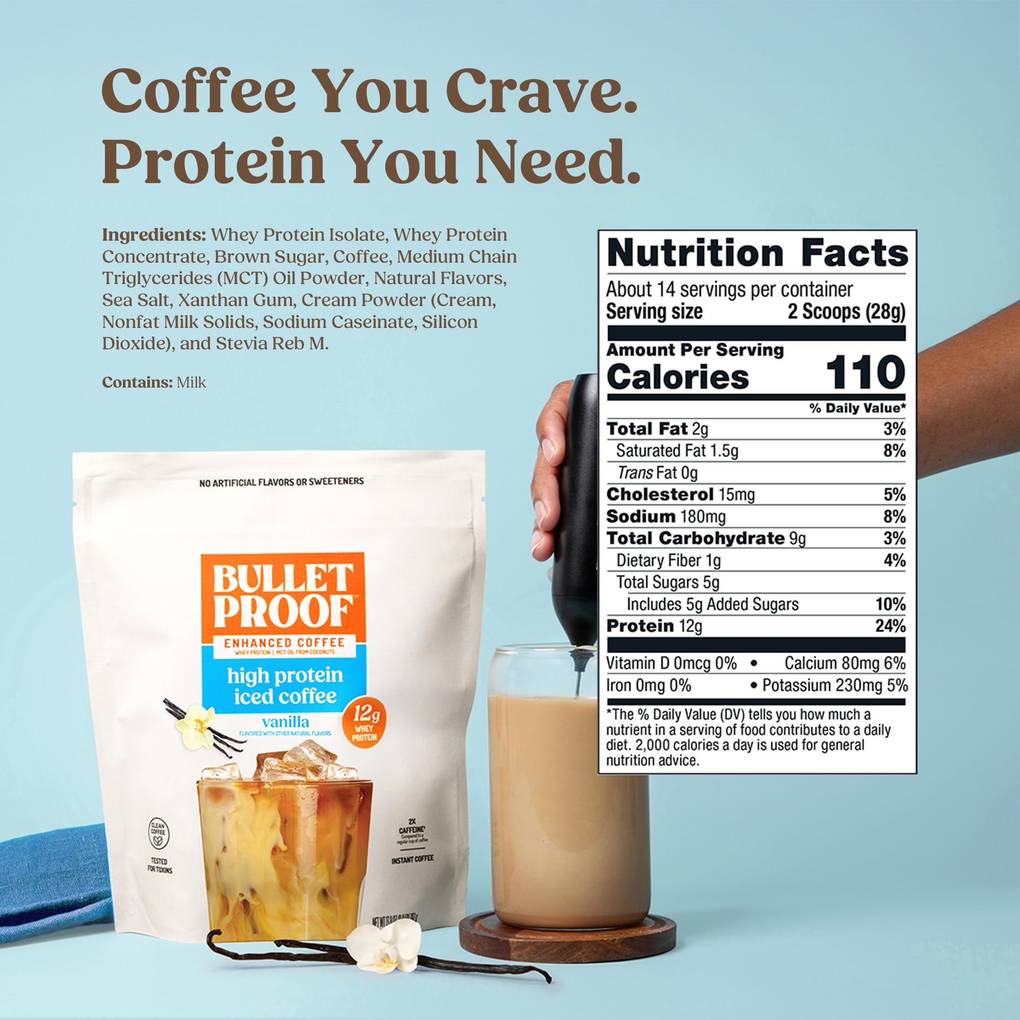 Bulletproof Iced Protein Coffee, Vanilla, 12g Whey Protein + MCT Oil, 170mg Caffeine, Instant Coffee from Real Beans, Tested for Toxins, No Artificial