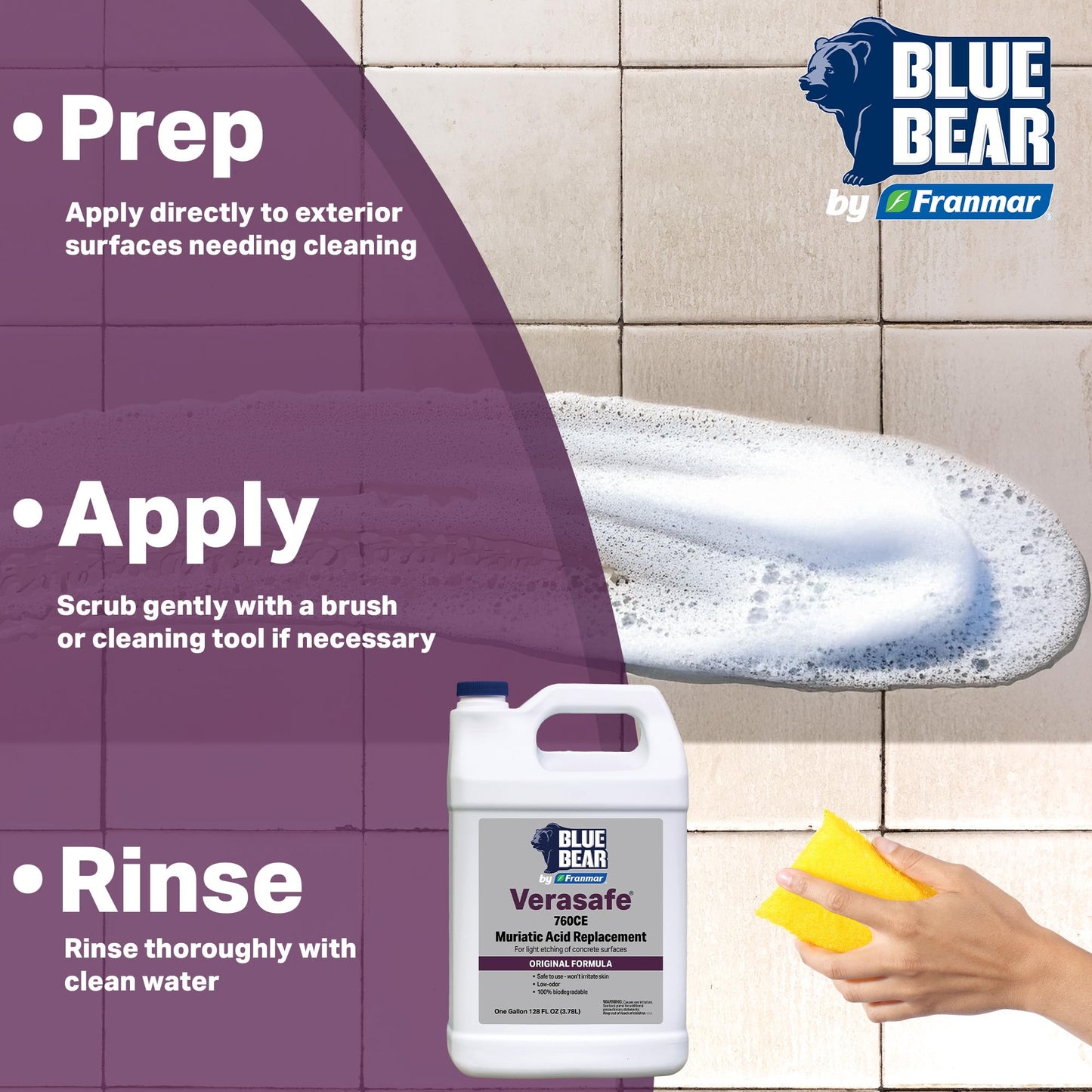 Blue Bear 760CE Verasafe Muriatic Acid Replacement Safer, Fume-Free, Non-Caustic Cleaner & Concrete Etcher Biodegradable Formula for Concrete, Metal