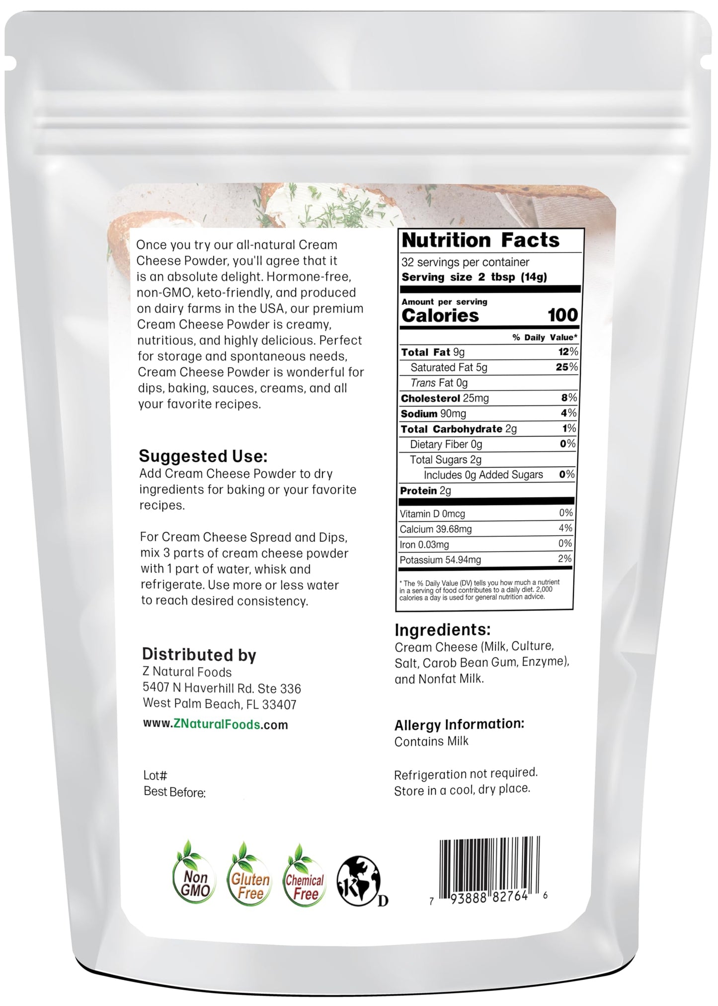 Z Natural Foods Cream Cheese Powder, Instant Shelf Stable Cream Cheese, Made in USA, 1 lbs