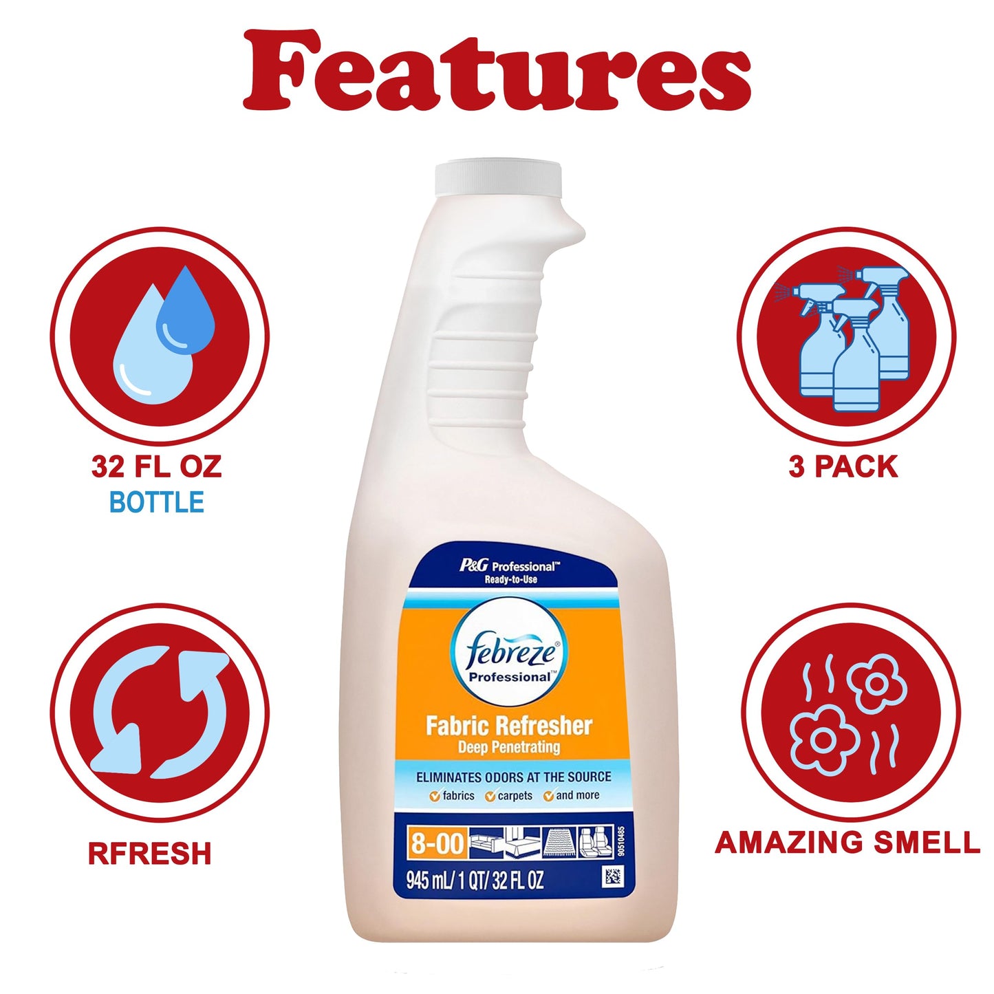 Febreze Professional Fabric Refresher Spray, 3 Pack, Deep Penetrating, Eliminates Odors with Light Fresh Scent, for All Fabrics, Upholstery, Bedding