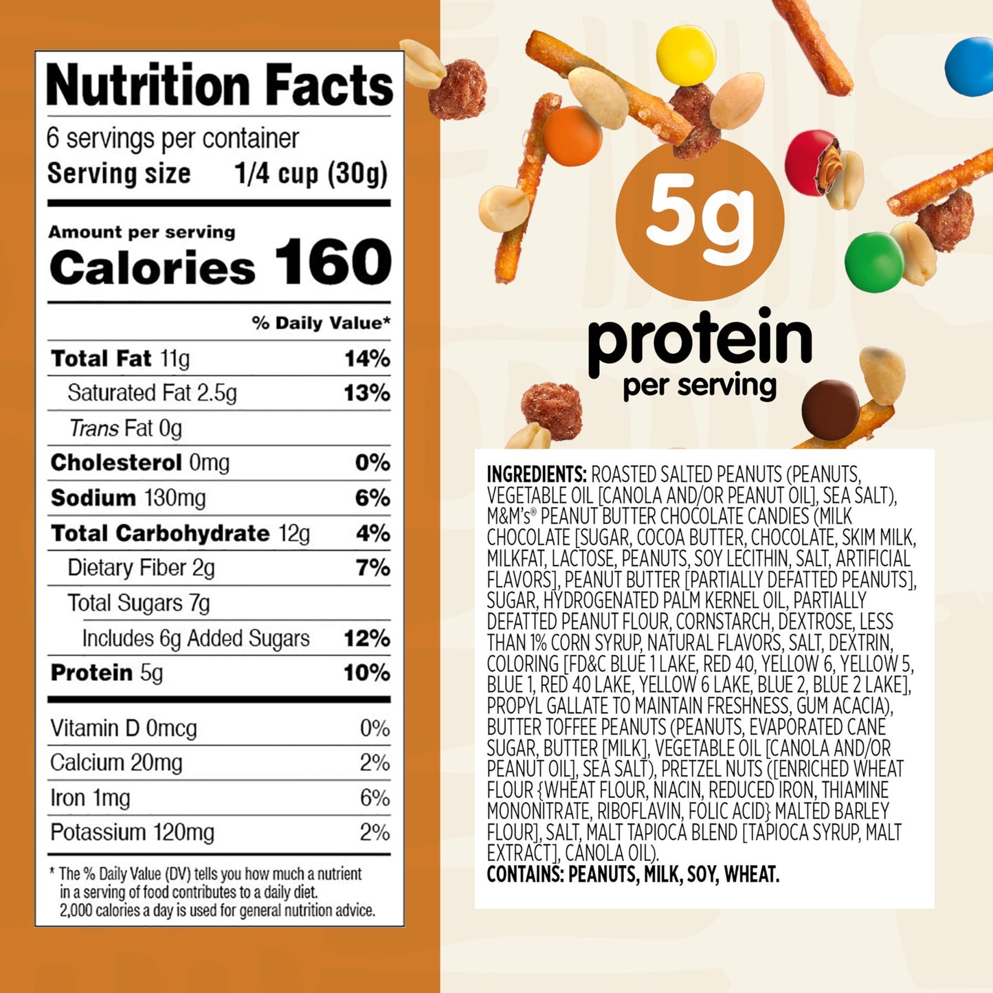 Snak Club Peanut Butter Chocolate Trail Mix with Peanuts, Peanut Butter M&M’S, Toffee Peanuts, and Pretzels, 6 oz Per Bag, 6 Resealable Bags