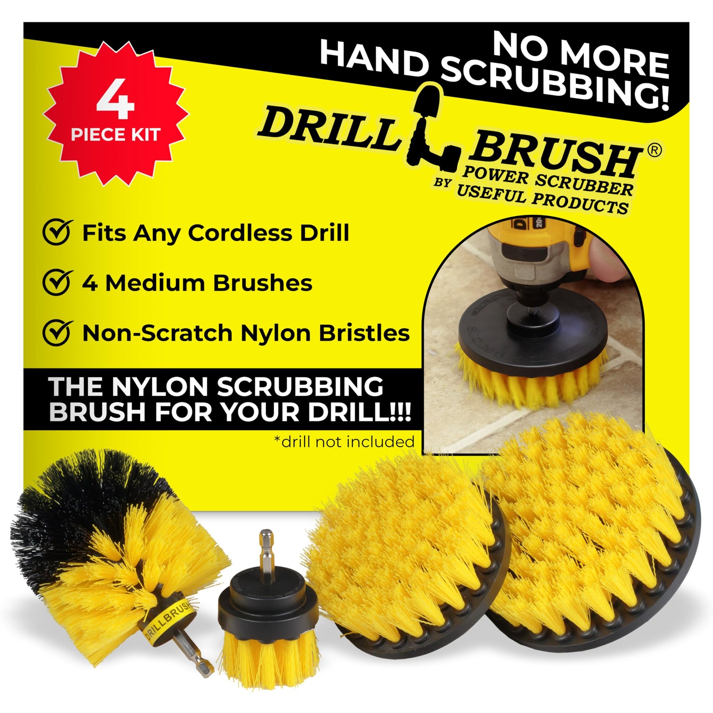 Nylon Drill Brush Attachment Set for Bathroom Cleaning - Power Scrubber Brush Kit for Bathtub, Shower, Tile, and Grout - All-Purpose Household