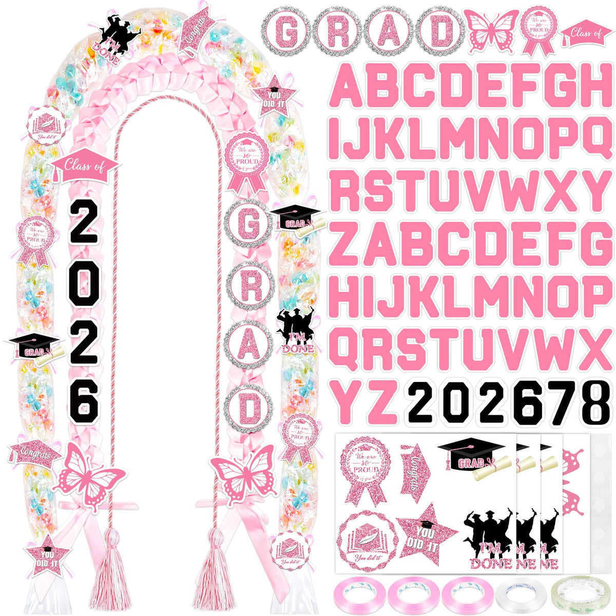 80UncleKimby Pink and White Graduation Decorations 2026 DIY Candy Leis Making Kit, Hawaiian Congrats Grad Lei Necklaces Party Supplies(Assembly