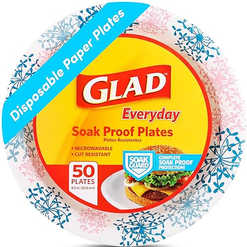 Glad Round Disposable Paper Plates, Heavy Duty Soak Proof Cut Proof Microwave Safe Pink Dinner Plates for Parties, Picnics, and Everyday Meals, Pink