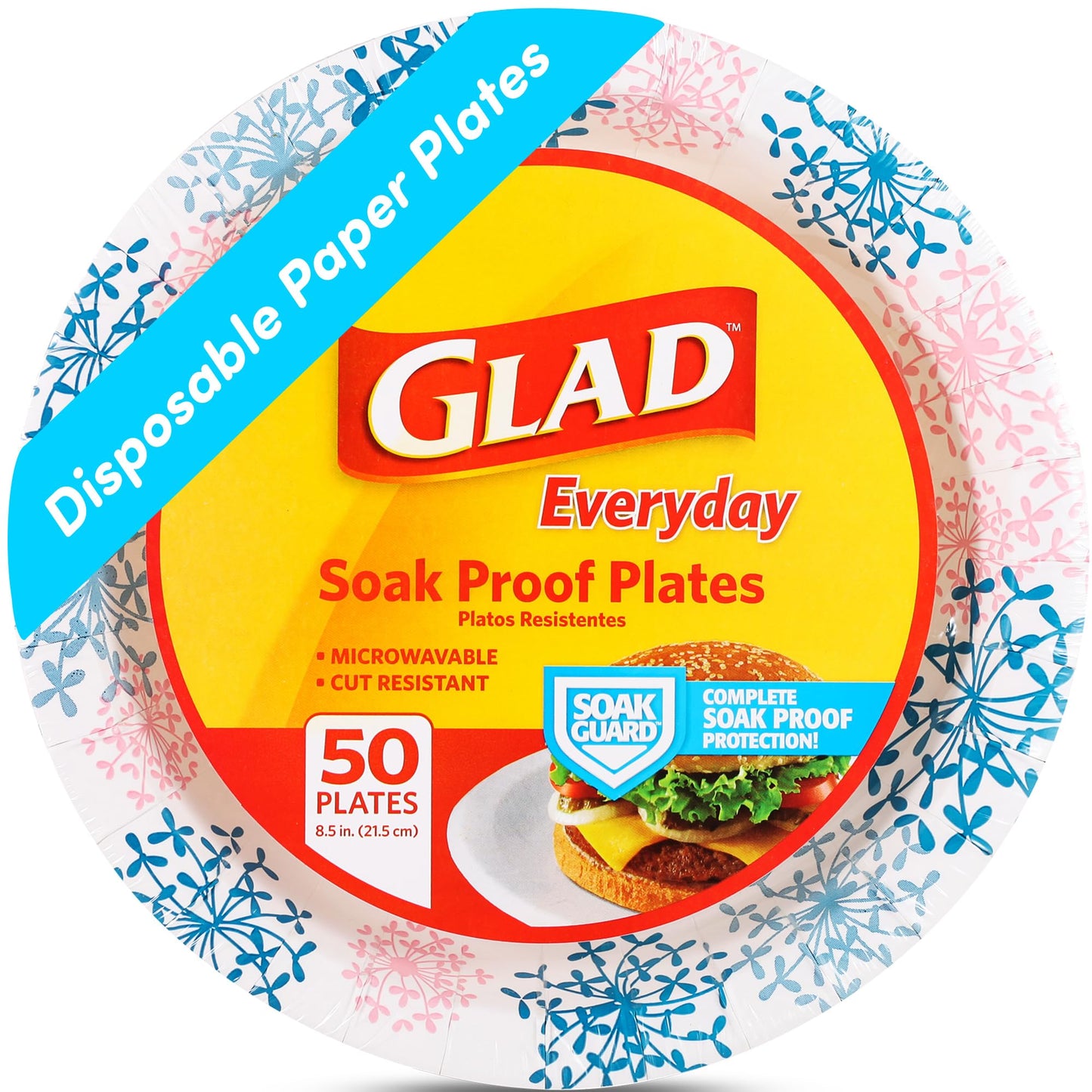Glad Round Disposable Paper Plates, Heavy Duty Soak Proof Cut Proof Microwave Safe Pink Dinner Plates for Parties, Picnics, and Everyday Meals, Pink