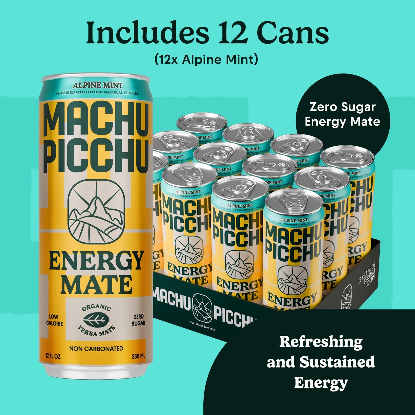 MACHU PICCHU 12-Pack-Alpine Mint Zero Sugar Energy Mate Drink - Non-Carbonated Yerba Mate, 120mg Organic Caffeine, Smooth Focus Without Jitters or