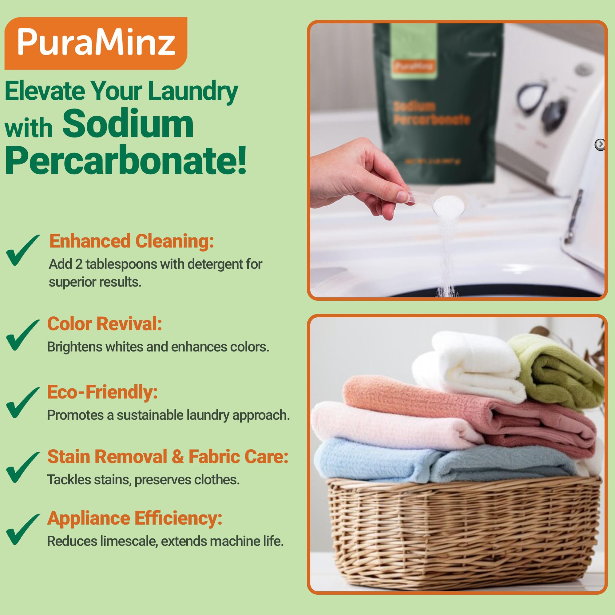 PuraMinz Sodium Percarbonate - 2 Pounds - Pure Oxygen Bleach Powder. Color Safe Stain & Grime Remover, Multi-Use Cleaner for Home & Laundry - Packed