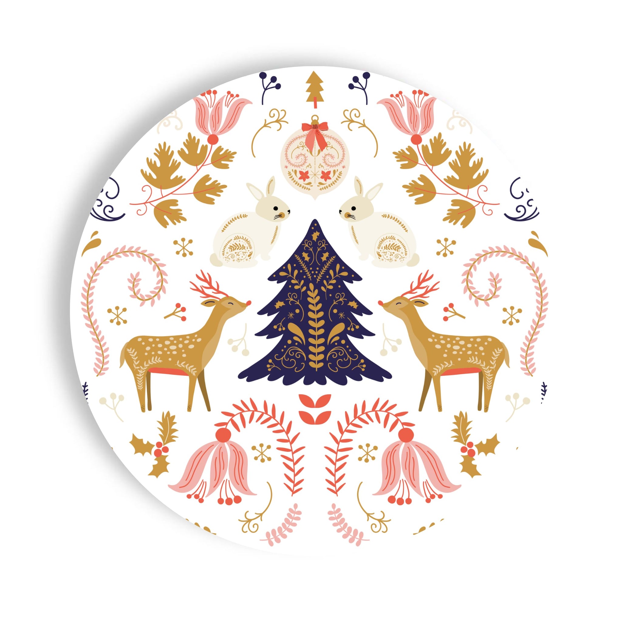 Fabuplates Nordic Woodland Christmas Paper Plates - 24 Count 9” Heavy-Duty Disposable Salad Plates, Reindeer & Bunny Holiday Design, Elegant Party