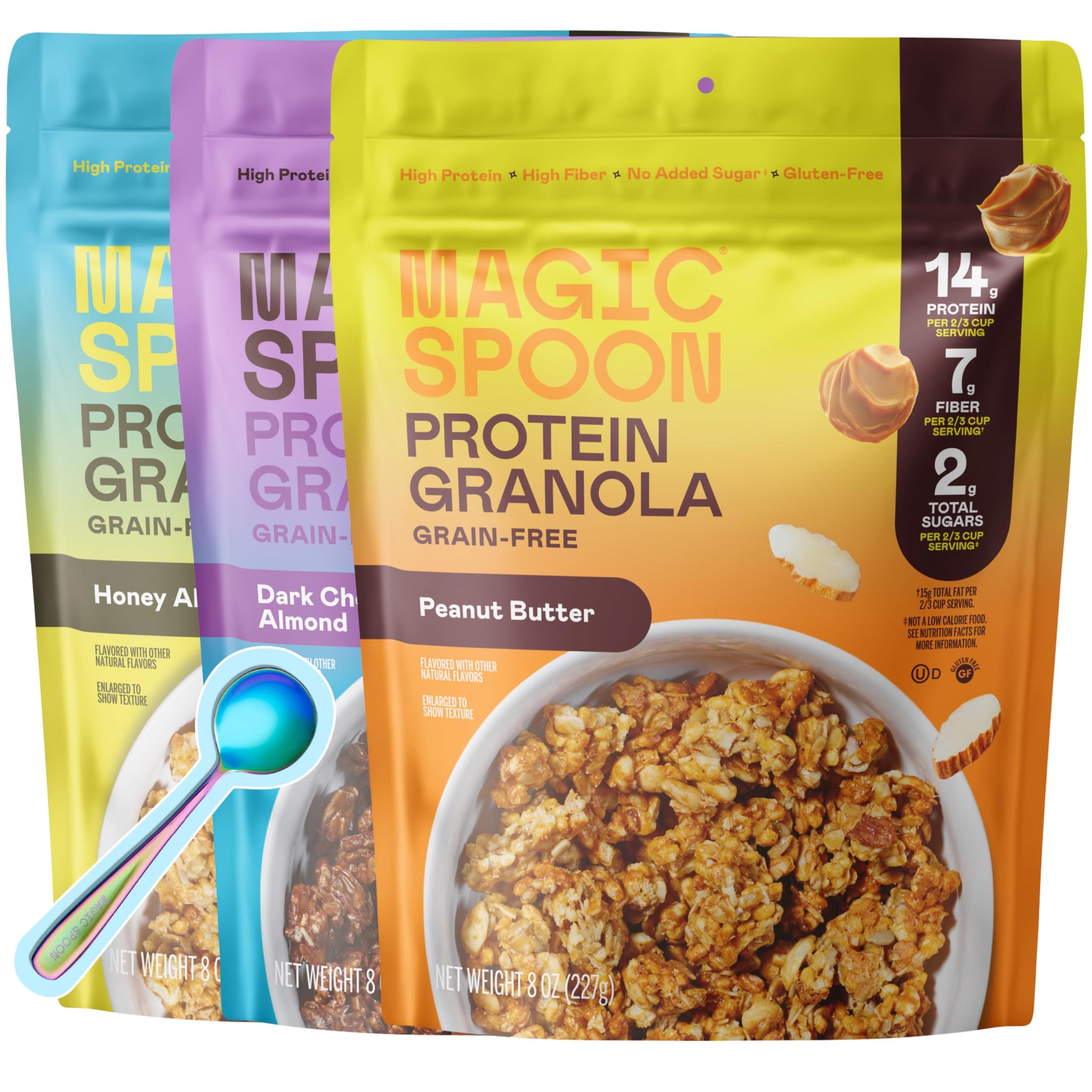 Magic Spoon High Protein Granola Low Sugar - 3 Pack: Honey Almond, Dark Chocolate Almond, & Peanut Butter - Low Carb Sugar Free Protein Snacks