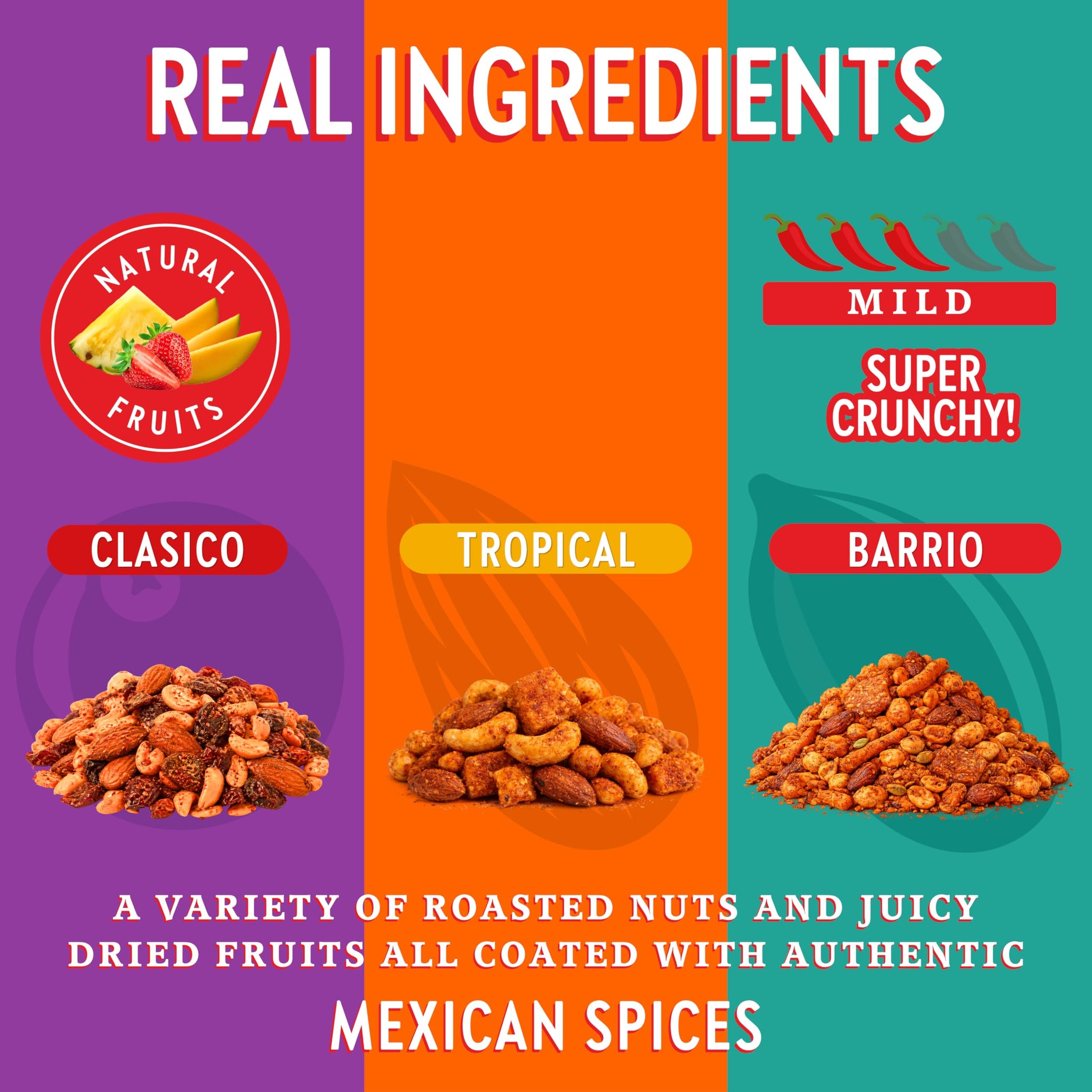 CHUZA Spicy Trail Mix Variety Pack (Barrio + Tropical + Clasico, 4 oz. Pack of 3) - Mexican Snacks Style Sweet Chili Nuts & Dried Fruit, Spicy Nuts
