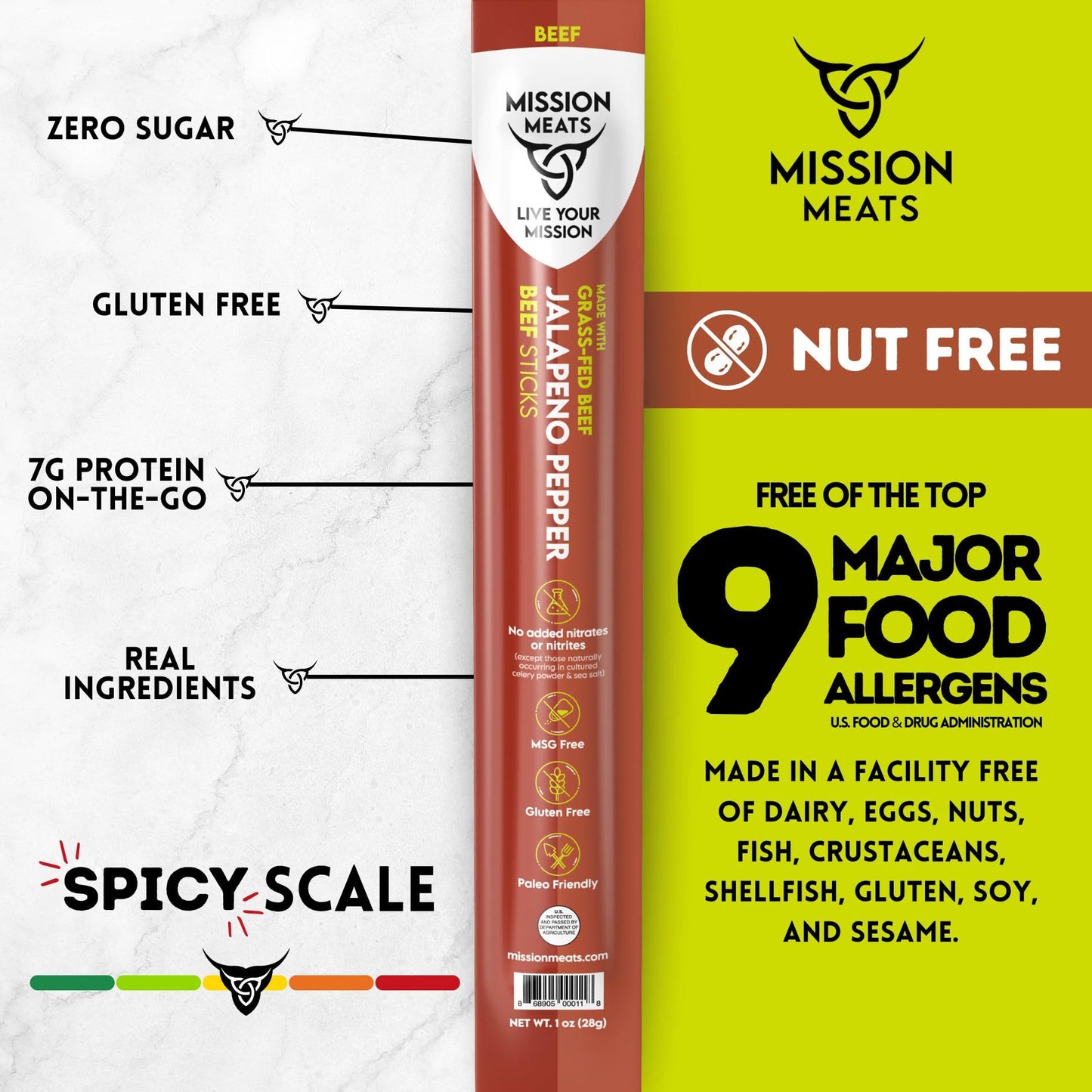 Mission Meats Beef Sticks - 100% Grass Fed & Pasture Raised, Sugar Free, Individually Wrapped Healthy Snacks, Whole 30 & Paleo Friendly, Jalapeno 1oz