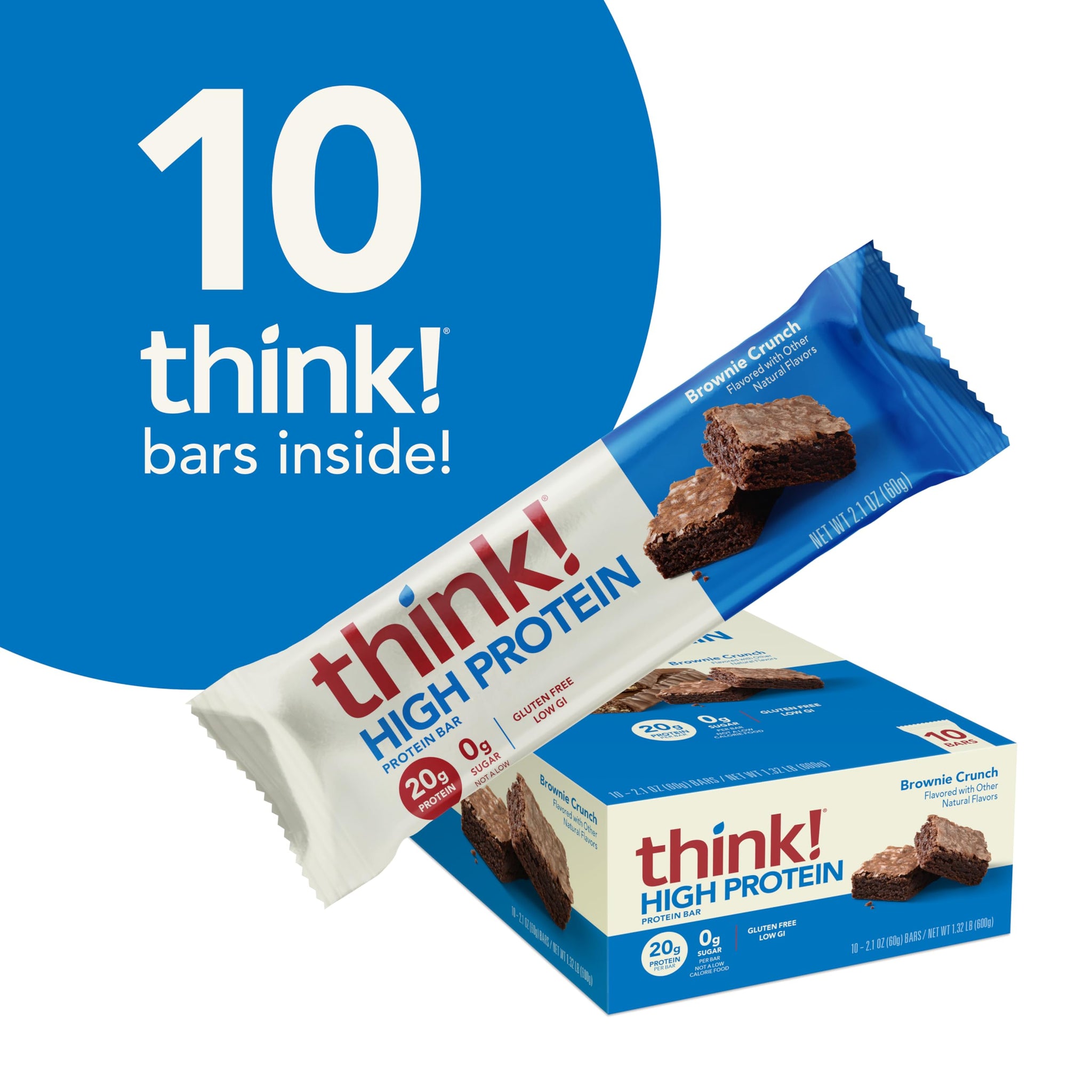 think! Protein Bars, High Protein Snacks, Gluten Free, Sugar Free Energy Bar with Whey Protein Isolate, Brownie Crunch, Nutrition Bars without