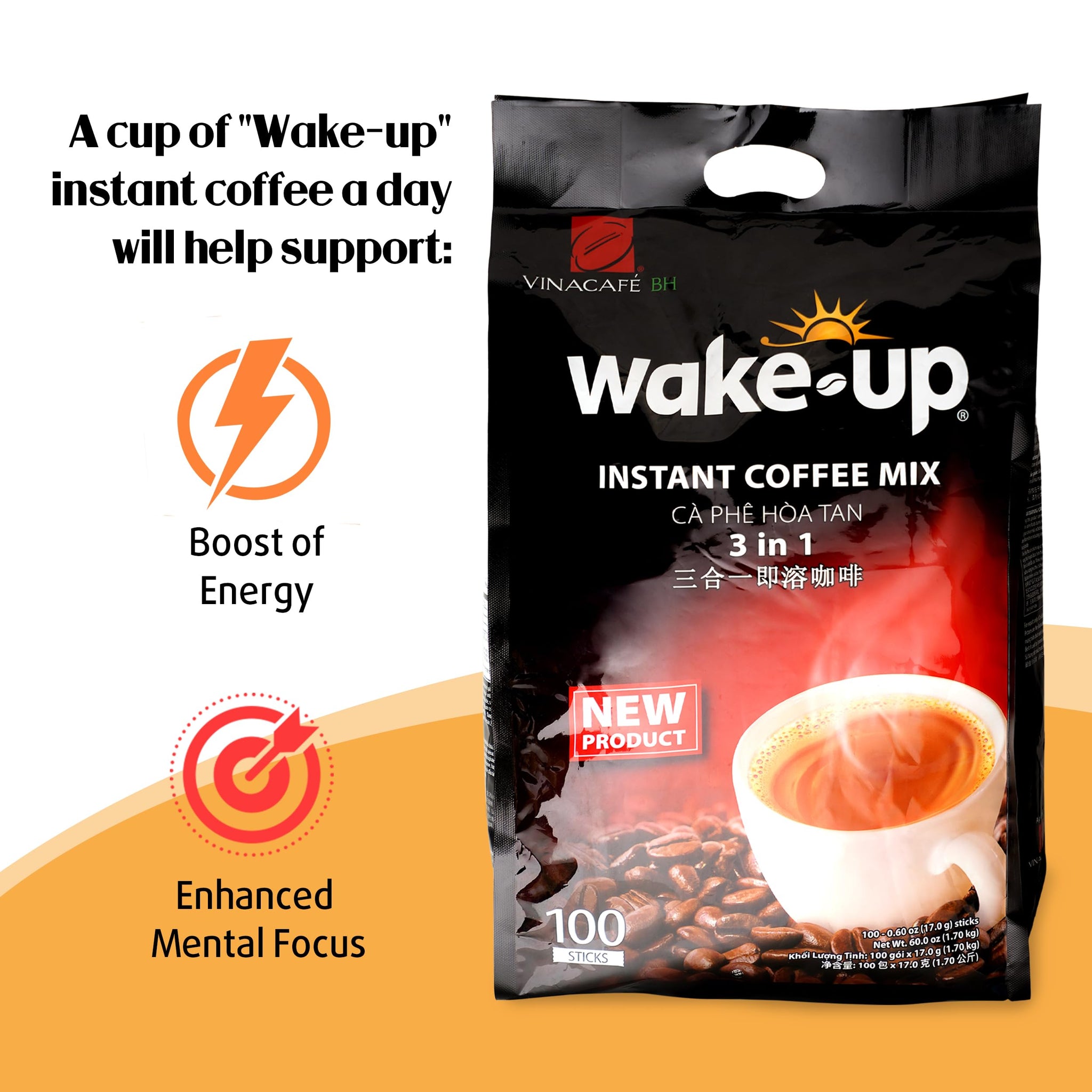 Vinacafe Premium 100 Sticks 3 in 1 Instant Wake-Up Coffee Mix, 100 Coffee Sticks Single Serves 1 Pack