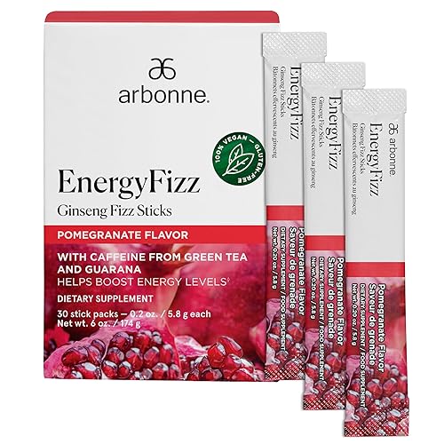 Arbonne Ginseng Energy Supplements - PomegranateFlavor Fizz Sticks, Energy Boost with Caffeine Powder from Guarana and Green Tea, Delicious
