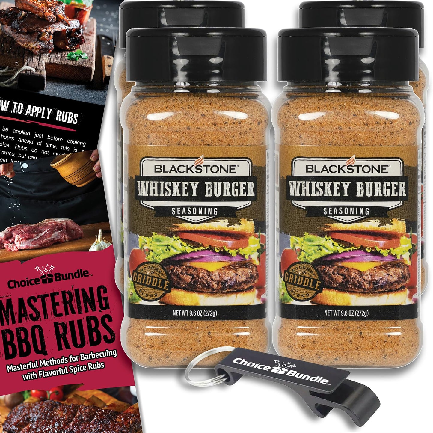 Blackstone Whiskey Burger Seasoning - Gourmet Griddle Premium Barbecue Rub 4 Pk (38.4 oz) + BBQ Masters & Opener (6 Items)!