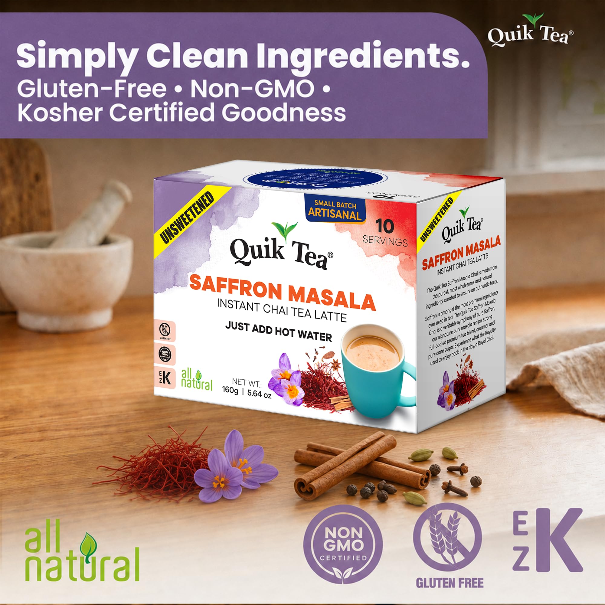 QuikTea Instant Saffron Masala Chai Tea Latte Unsweetened, 10 Single-Serve Sachets, Artisanal Indian Chai Latte Mix, Just Add Hot Water, Low Caffeine
