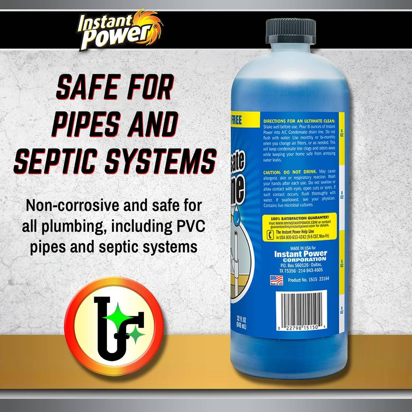 Instant Power A/C Condensate Drain Line Cleaner - AC & HVAC Unclogger for Air Conditioner Drain Lines, Prevents Odors & Water Damage, Safe for Pipes