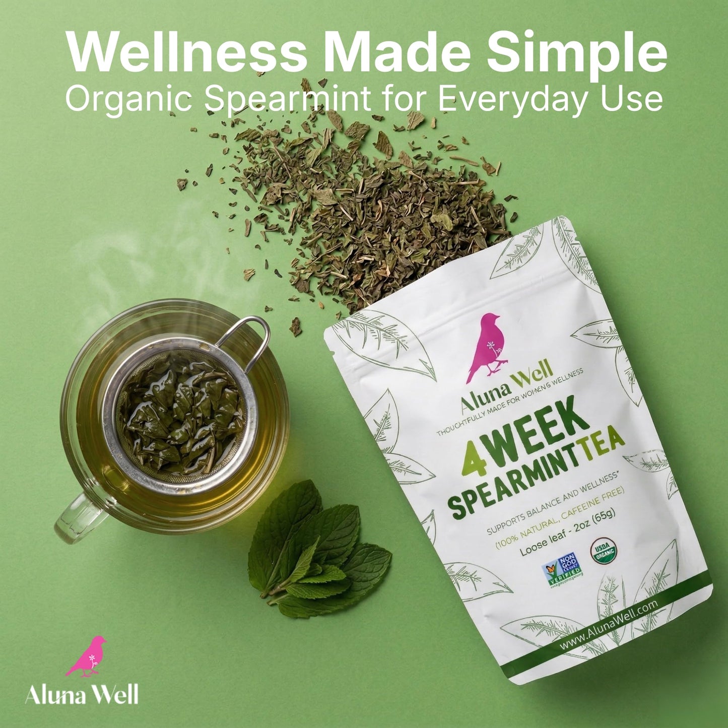Aluna Well Organic Spearmint Tea - Supports Hormonal Balance and Wellness for Women, 4 Week Loose Leaf Herbal Tea, Caffeine-Free, 2 oz