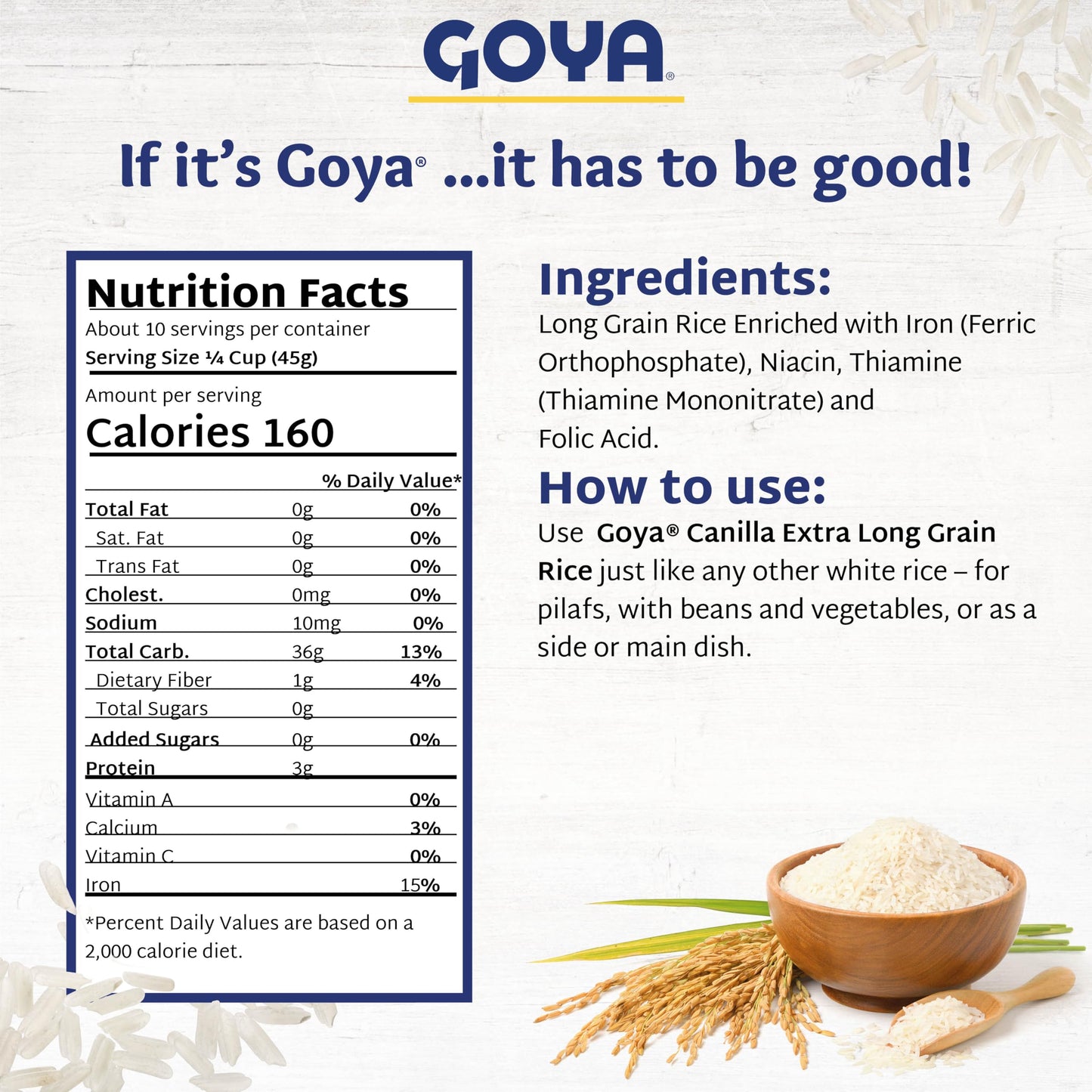 Goya Canilla Extra Long Grain Rice, Light and Fluffy Texture, Ideal for Latin Meals, Rice Bowls, and Sides, 2-Pack (1 lb Bags)