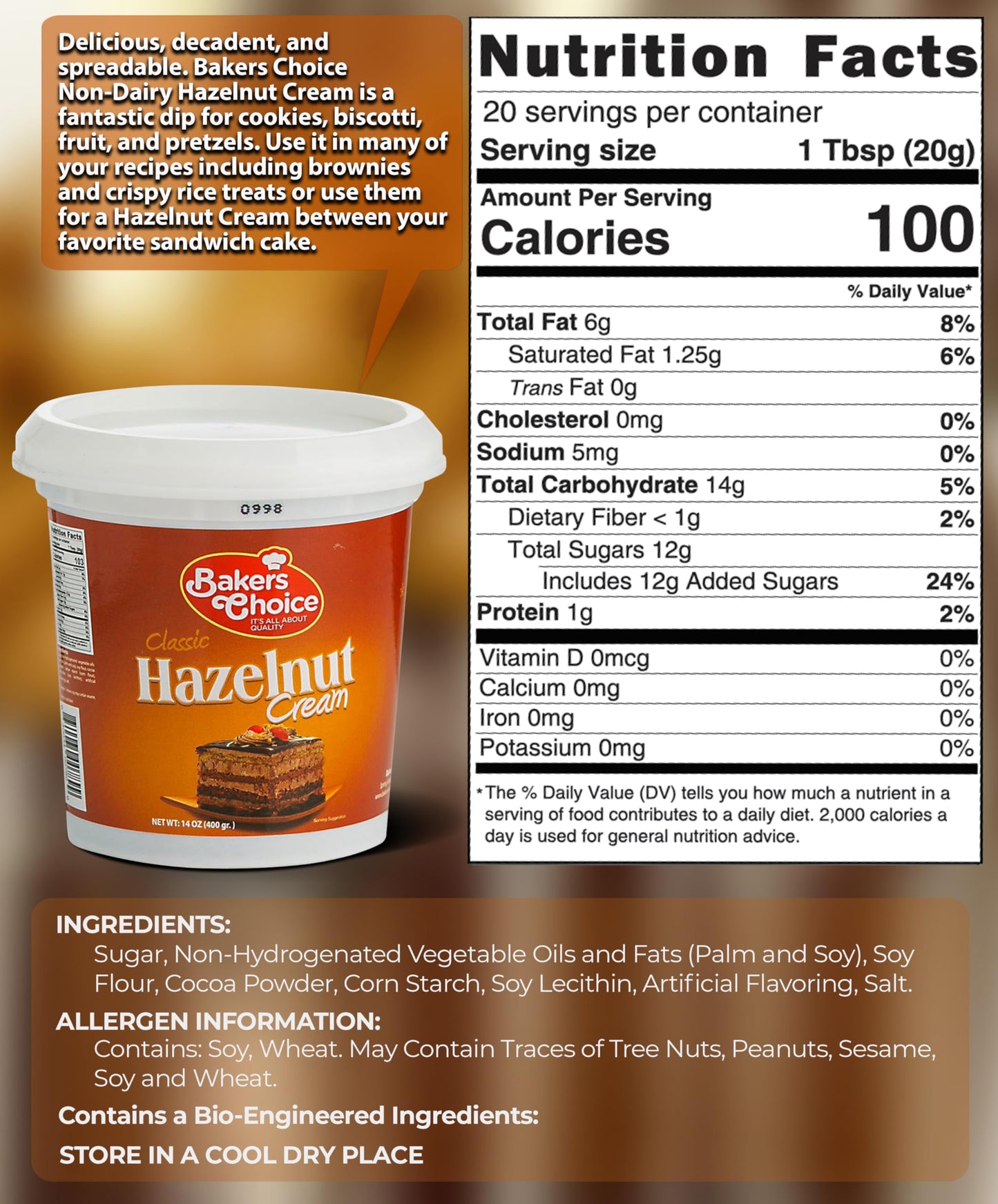 Hazelnut Spread Pastry Filling, 14 oz. - Hazelnut Cream - Cake Filling, Donut and Dessert Topping and Spread - Baking Ingredient For Cakes, Ice Cream