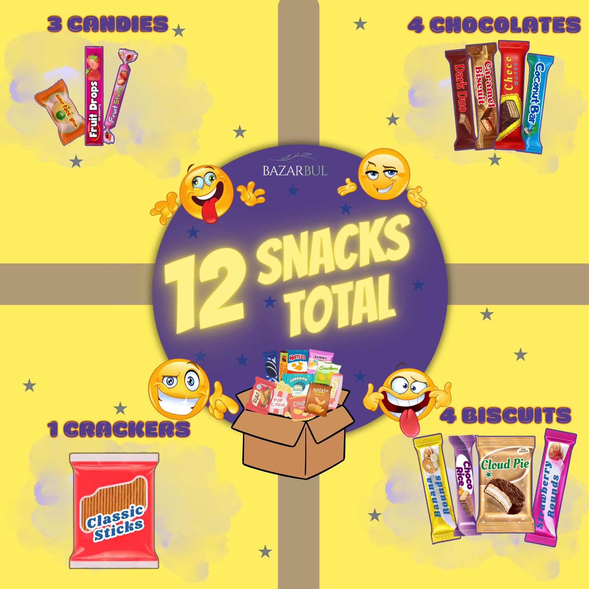 BAZARBUL International Snack Box, 12+ Global Snacks and Treats, Universal Snacking Experience Gift Box for Adults, Teens and Kids (Mini, 12, Count)