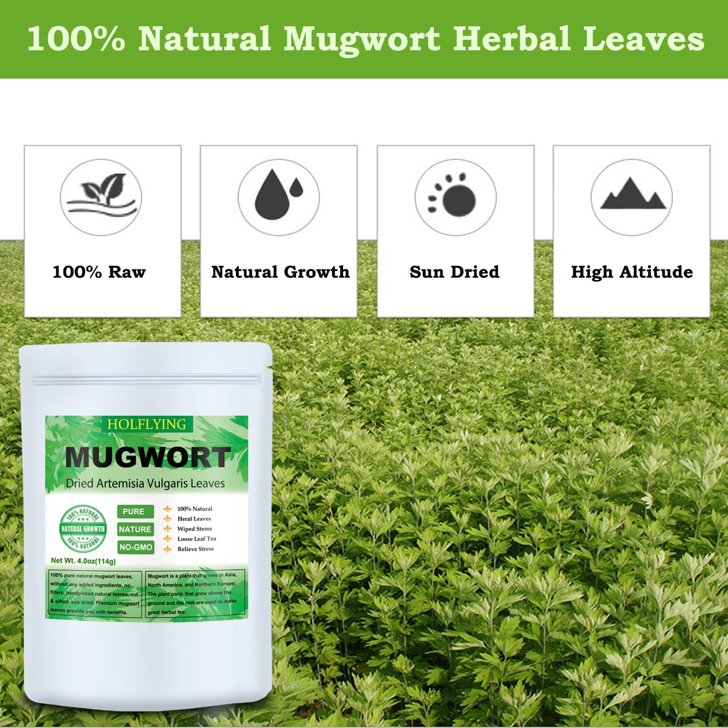 Dried Mugwort Leaves, 4oz(114g), Natural Artemisia Vulgaris Herb Loose Leaves, 100% Natural Mugwort Tea, No Gmo