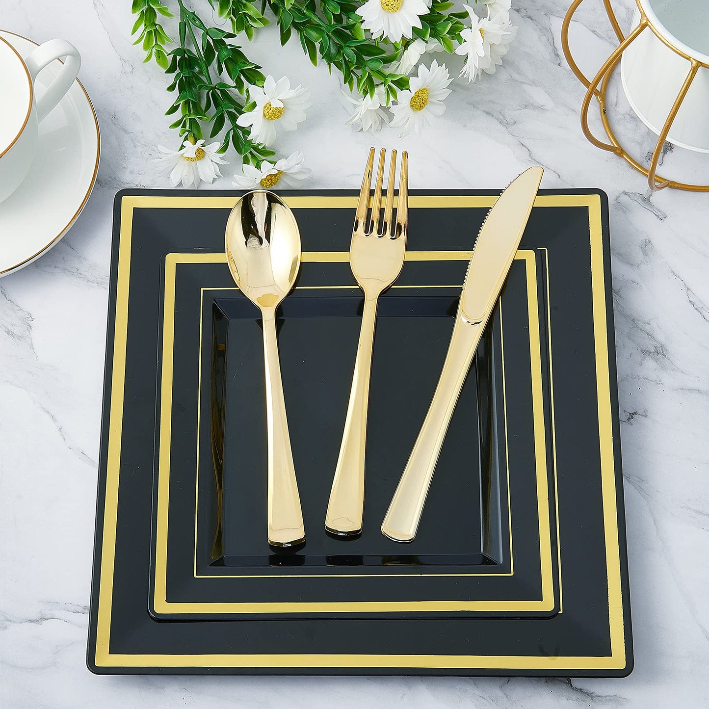 JOLLY CHEF 125 Count Square Black Gold Plastic Plates, Including 25 Disposable Dinner, 25 Dessert, 25 Knives, 25 Forks and 25 Spoons, Plastic Dinner