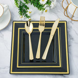JOLLY CHEF 125 Count Square Black Gold Plastic Plates, Including 25 Disposable Dinner, 25 Dessert, 25 Knives, 25 Forks and 25 Spoons, Plastic Dinner