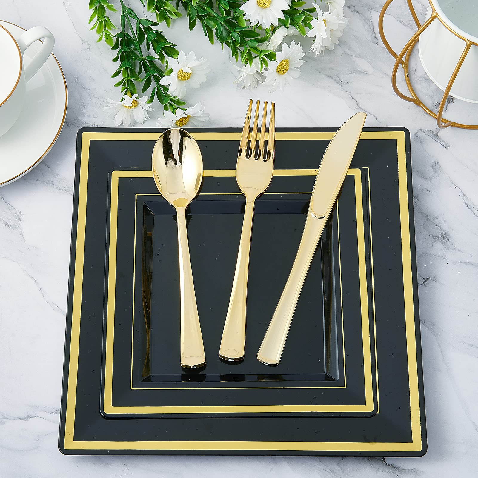 JOLLY CHEF 125 Count Square Black Gold Plastic Plates, Including 25 Disposable Dinner, 25 Dessert, 25 Knives, 25 Forks and 25 Spoons, Plastic Dinner