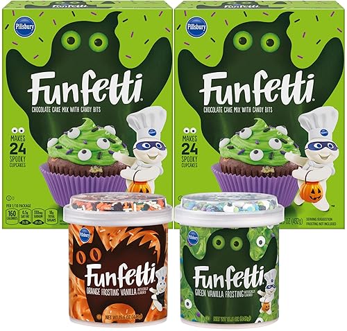 Funfetti Halloween Bundle, 2 Chocolate Cake Mixes, 1 of each Green and Orange Vanilla Frosting