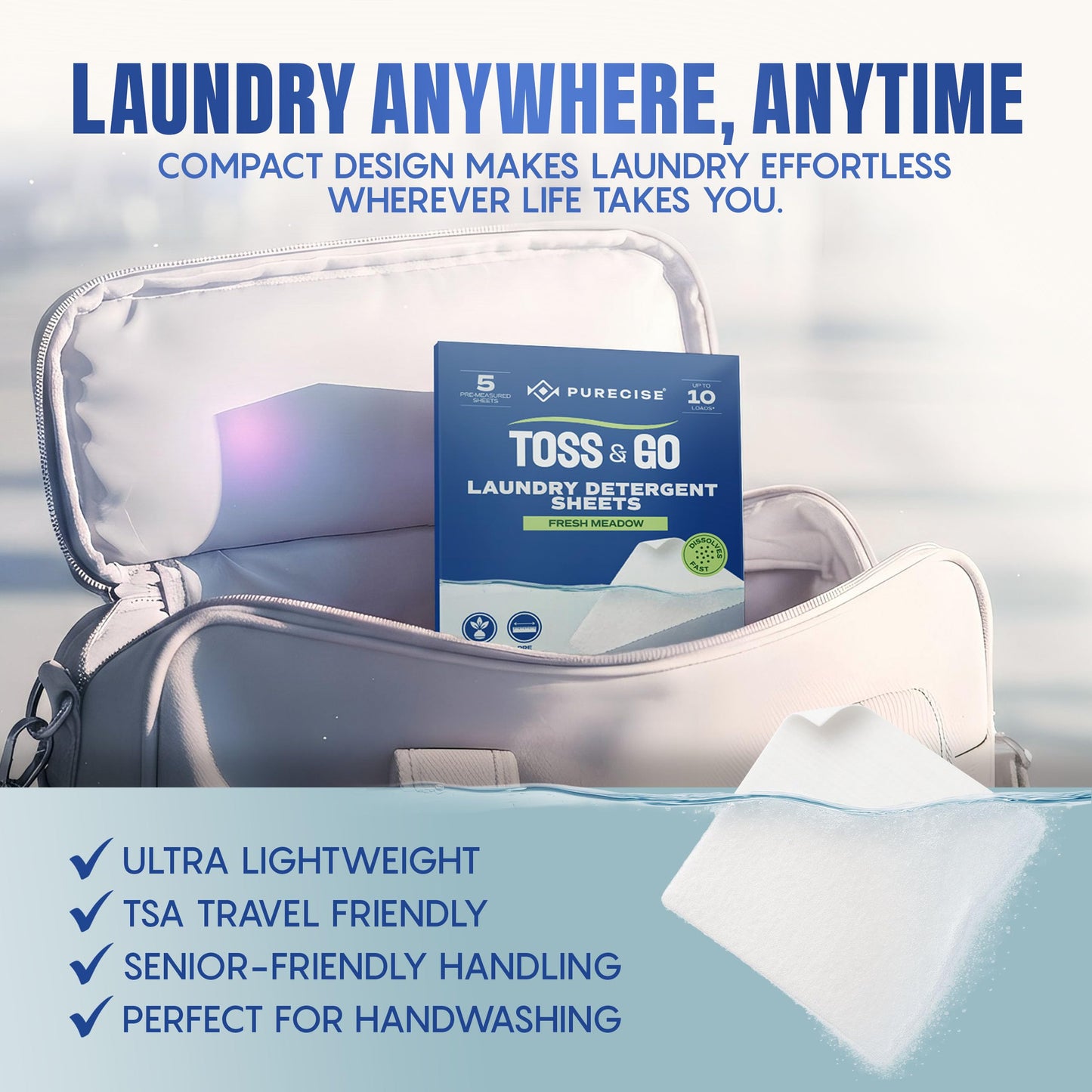 Purecise Toss & Go Laundry Detergent Sheets | 3-Pack Sampler, 30 Loads | Try Before You Commit | Fast-Dissolving, No Mess, Plastic-Free | Fresh Meadow