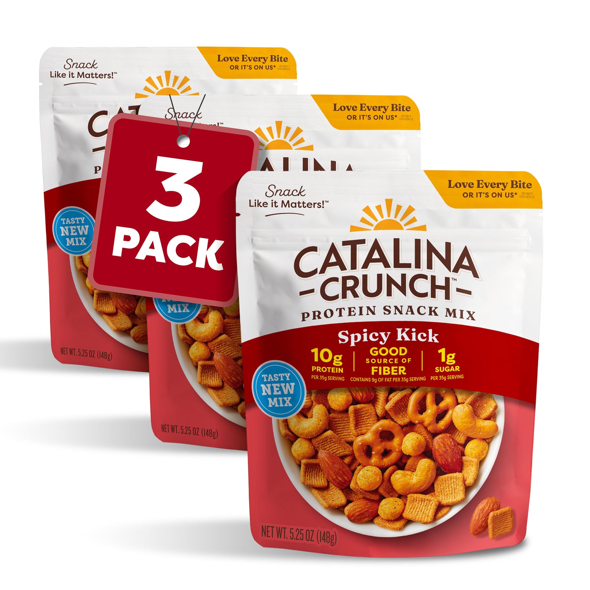 Catalina Crunch Protein Snack Mix - 10g Protein, 1g Sugar per Serving - Good Source of Fiber, Gluten Free - Spicy Kick, 5.25 Ounce Bag (Pack of 3)