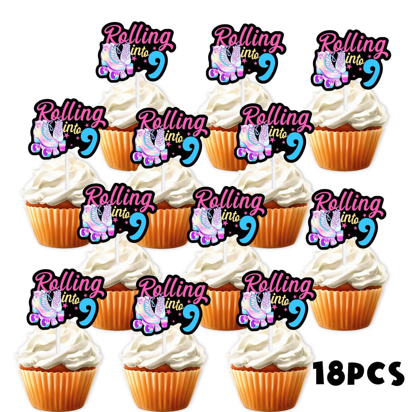 18pcs Black Glitter Pink Roller Skates Dessert Cupcake Topper 80s 90s Retro Hip Hop Roller Skating Rolling into 9 Theme Decor Supplies Boy Girl 9th