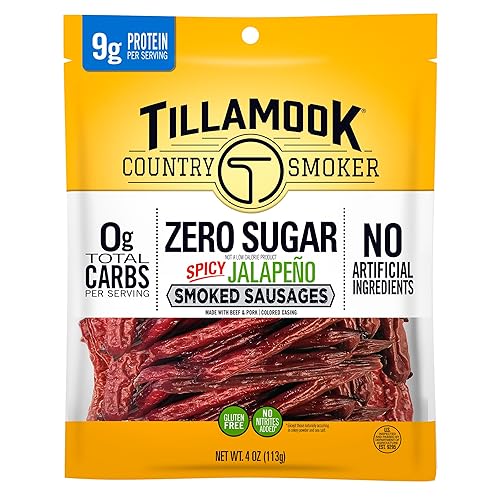 Tillamook Country Smoker Smoked Sausage, Zero Sugar, Spicy Jalapeño, 4 Ounce (1 Pack) Real Hardwood Smoked Sausages, Low Carb, High Protein, Ready