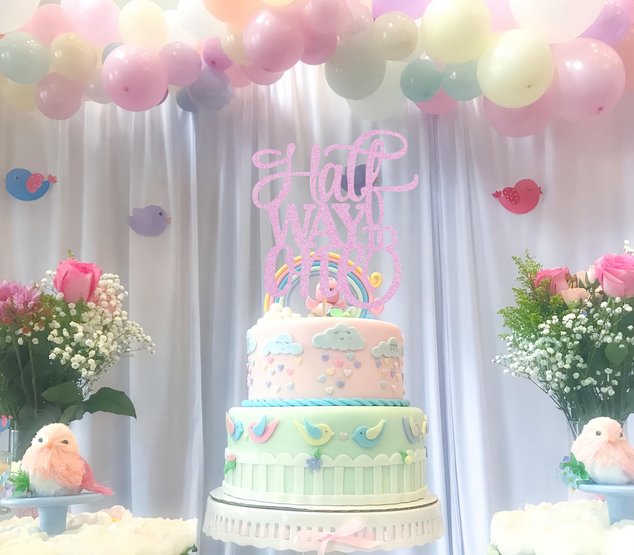 AHAORAY Half Way To One Cake Topper - Pink Glitter 6 Months Birthday Decorations Supplies - Half Birthday Decorations Baby Girl, for Baby