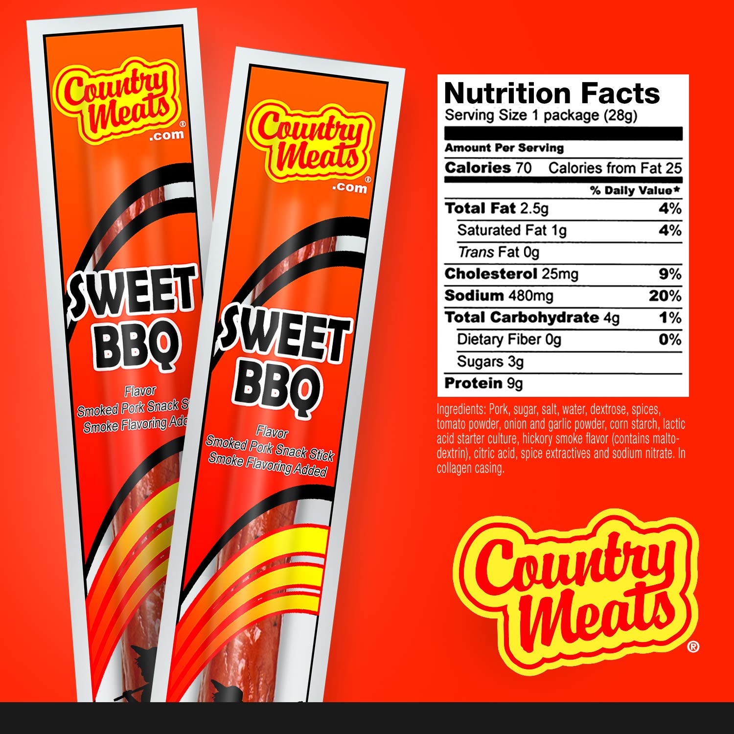 Country Meats, Meat Sticks, USDA Certified, 0 Trans Fat, Low Carb, High Protein, Keto Snack, Keto Friendly (10 Sticks, Sweet BBQ)