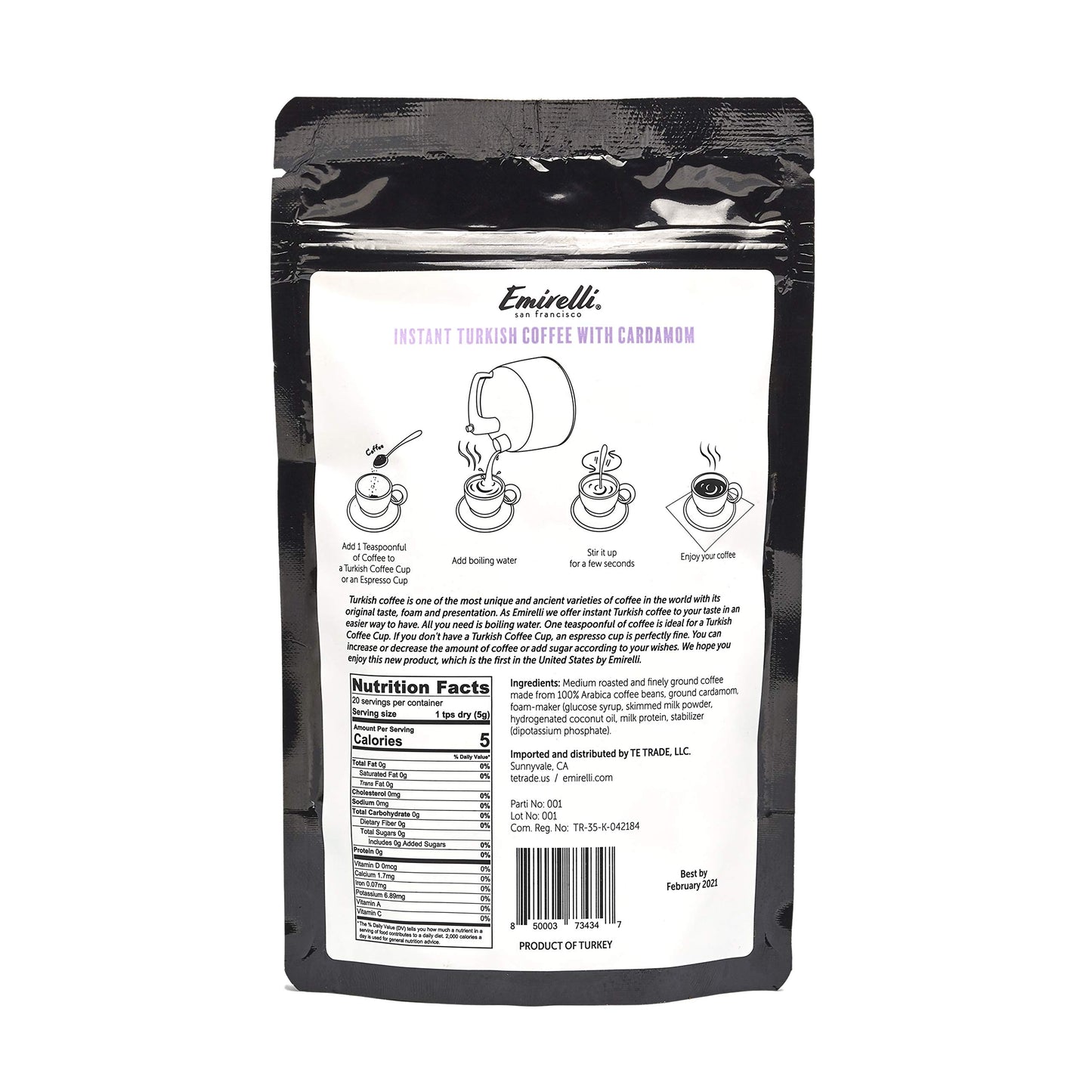 Emirelli Instant Turkish Coffee, Special Taste with Arabica Coffee Beans, Resealable Bag, 3.5 Ounce (100gr) (Cardamom)