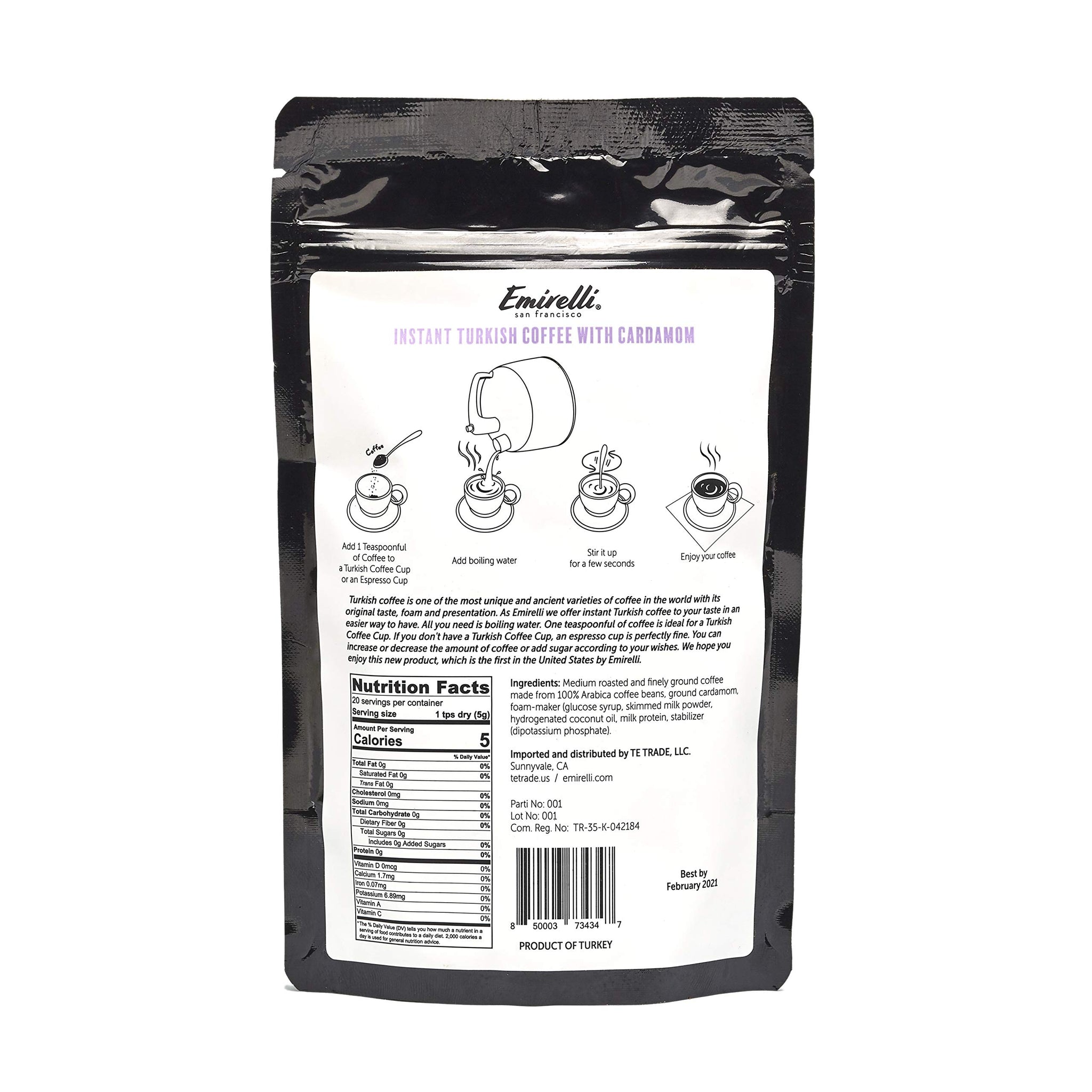 Emirelli Instant Turkish Coffee, Special Taste with Arabica Coffee Beans, Resealable Bag, 3.5 Ounce (100gr) (Cardamom)