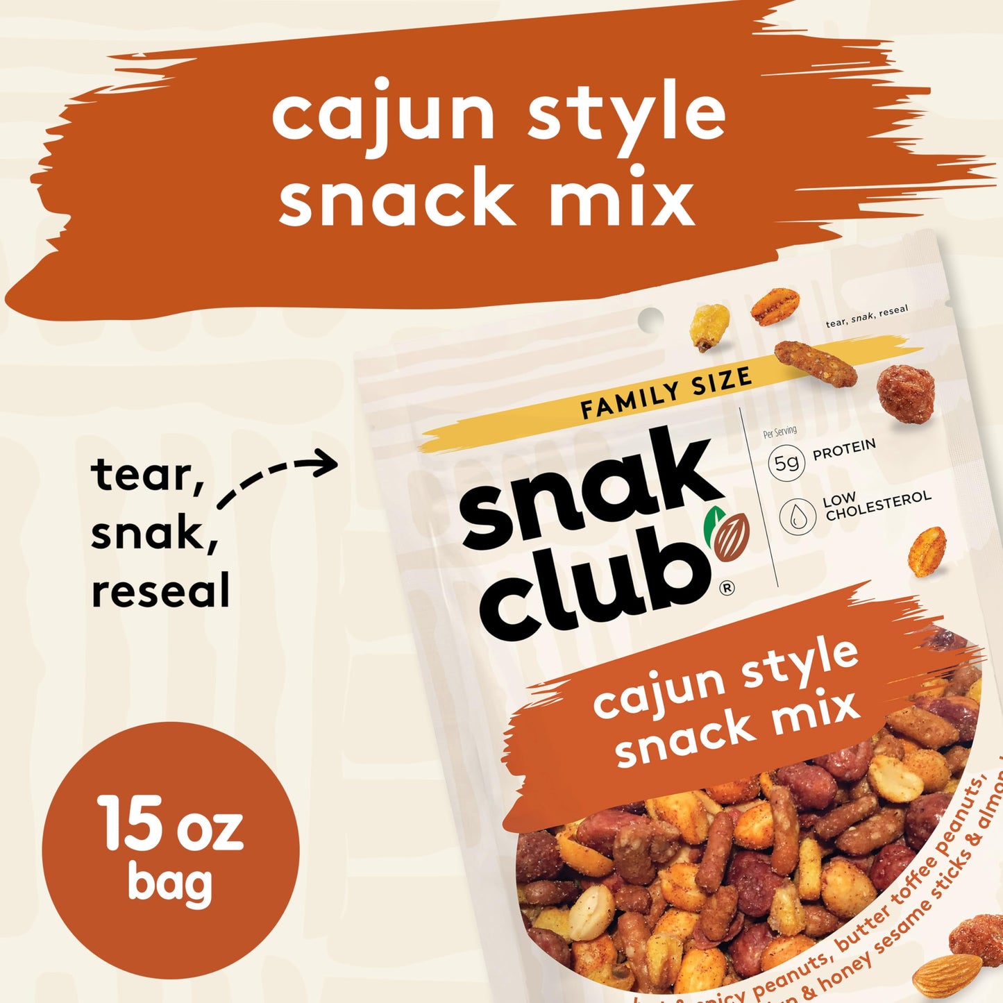 Snak Club Cajun Style Snack Mix with Hot and Spicy Peanuts, Butter Toffee Peanuts, Toasted Corn, Cajun and Honey Sesame Sticks, and Almonds, Kosher