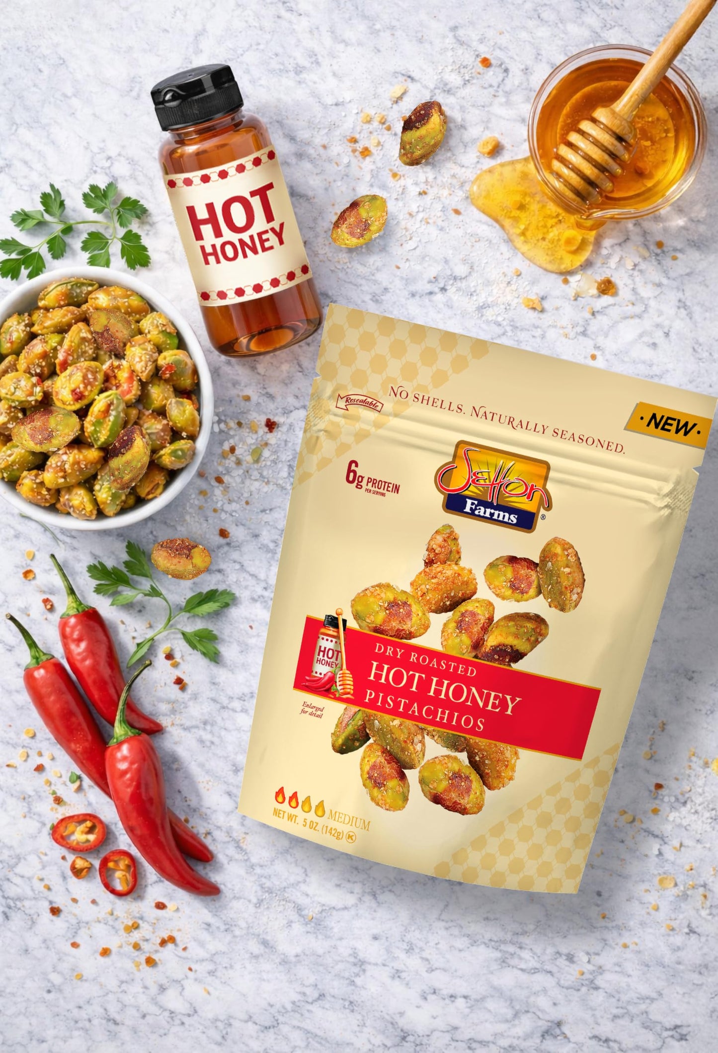 Setton Farms Naturally Seasoned Pistachio Kernels, Hot Honey, Dry Roasted, No Shell Pistachios, Certified Non-GMO, Gluten Free, Vegan and Kosher, 5 oz