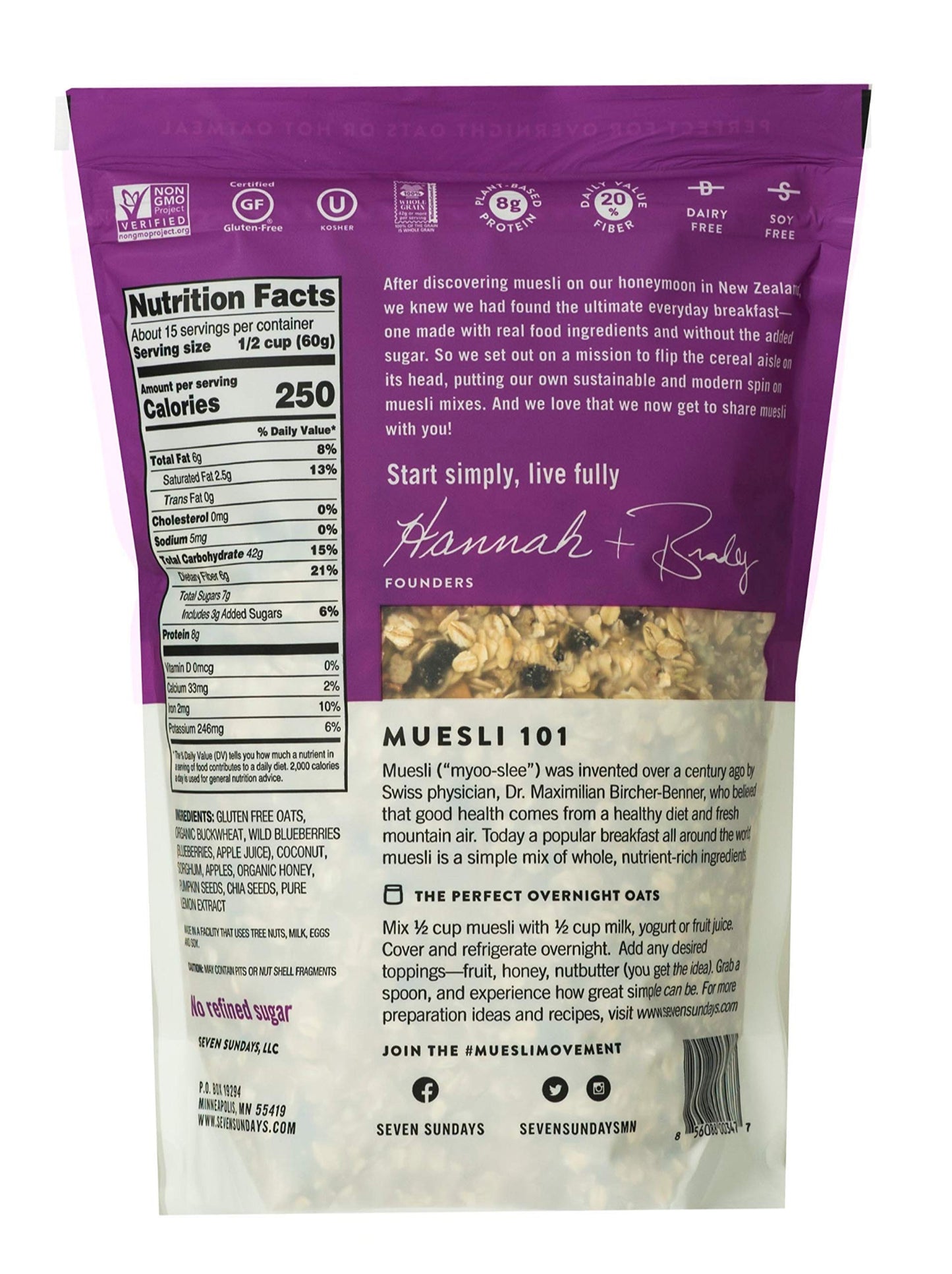 Seven Sundays Muesli Cereal, Wild and Free Blueberry Chia Buckwheat, 32 Oz Bag, Gluten Free, 0g Refined Sugar, Enjoy Warm, Cool or as Overnight Oats