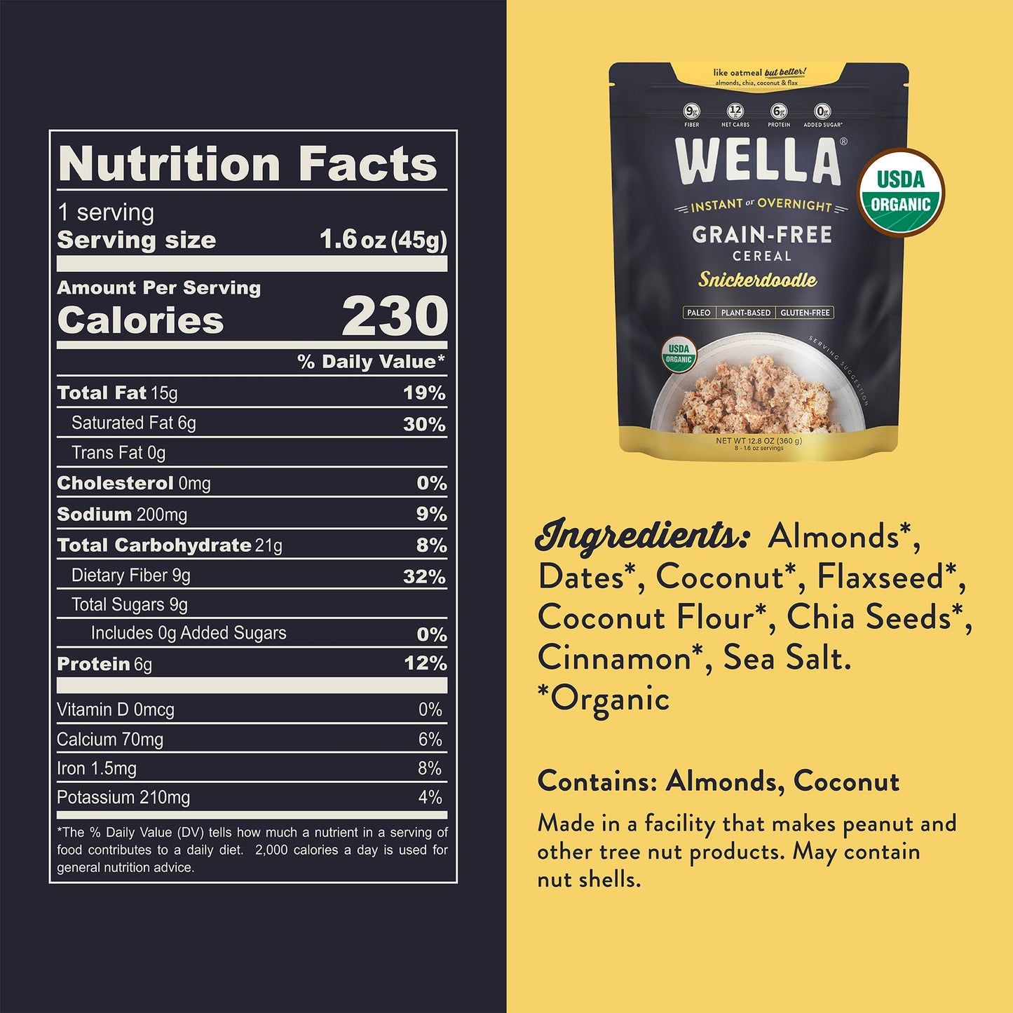 Wella Cereal Oatmeal Alternative, Gluten-Free Breakfast Hot Cereal, Grain-Free Paleo Organic Vegan High Protein Superfood, Plant-Based Non-GMO, Low in