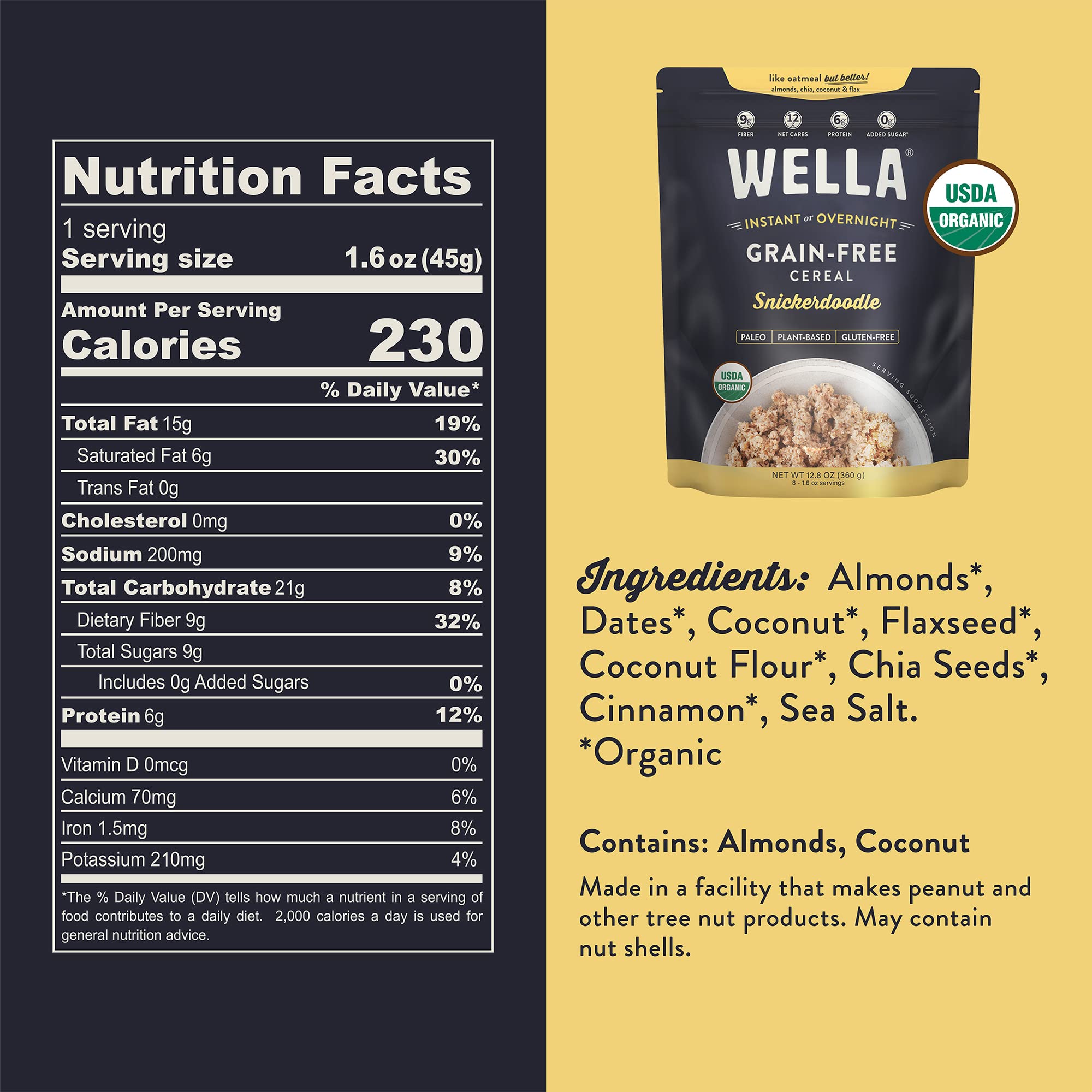 Wella Cereal Oatmeal Alternative, Gluten-Free Breakfast Hot Cereal, Grain-Free Paleo Organic Vegan High Protein Superfood, Plant-Based Non-GMO, Low in