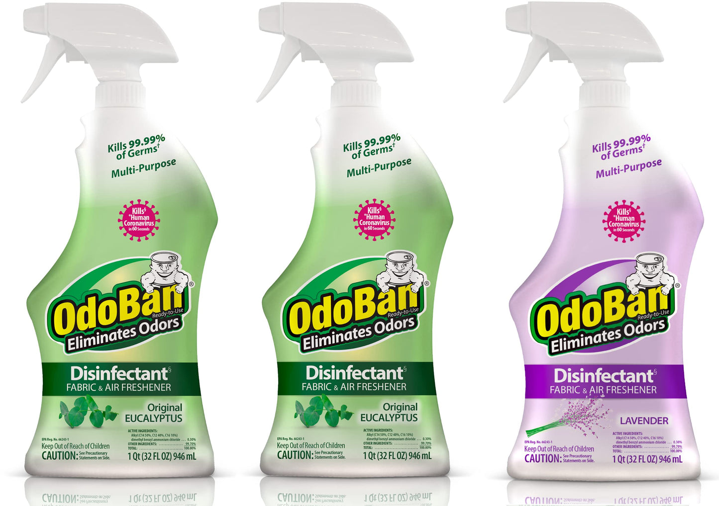 OdoBan Ready-to-Use Disinfectant and Odor Eliminator, Set of 3 Spray Bottles, Made in the USA, Original Eucalyptus and Lavender Scents, 32 Ounces Each