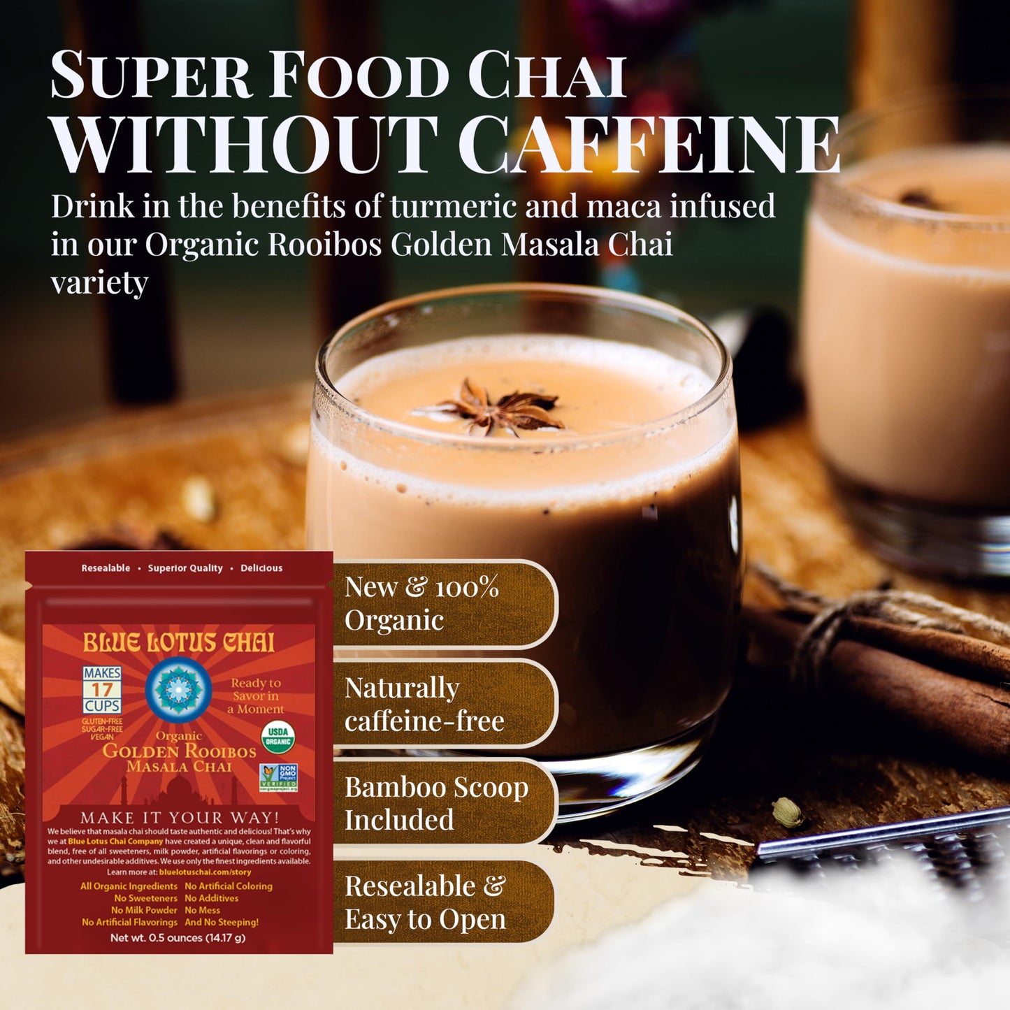 Blue Lotus Chai - Golden Rooibos Flavor Masala Chai - Makes 17 Cups - 0.5 Ounce Masala Spiced Chai Powder with Organic Spices - Instant Indian Tea No