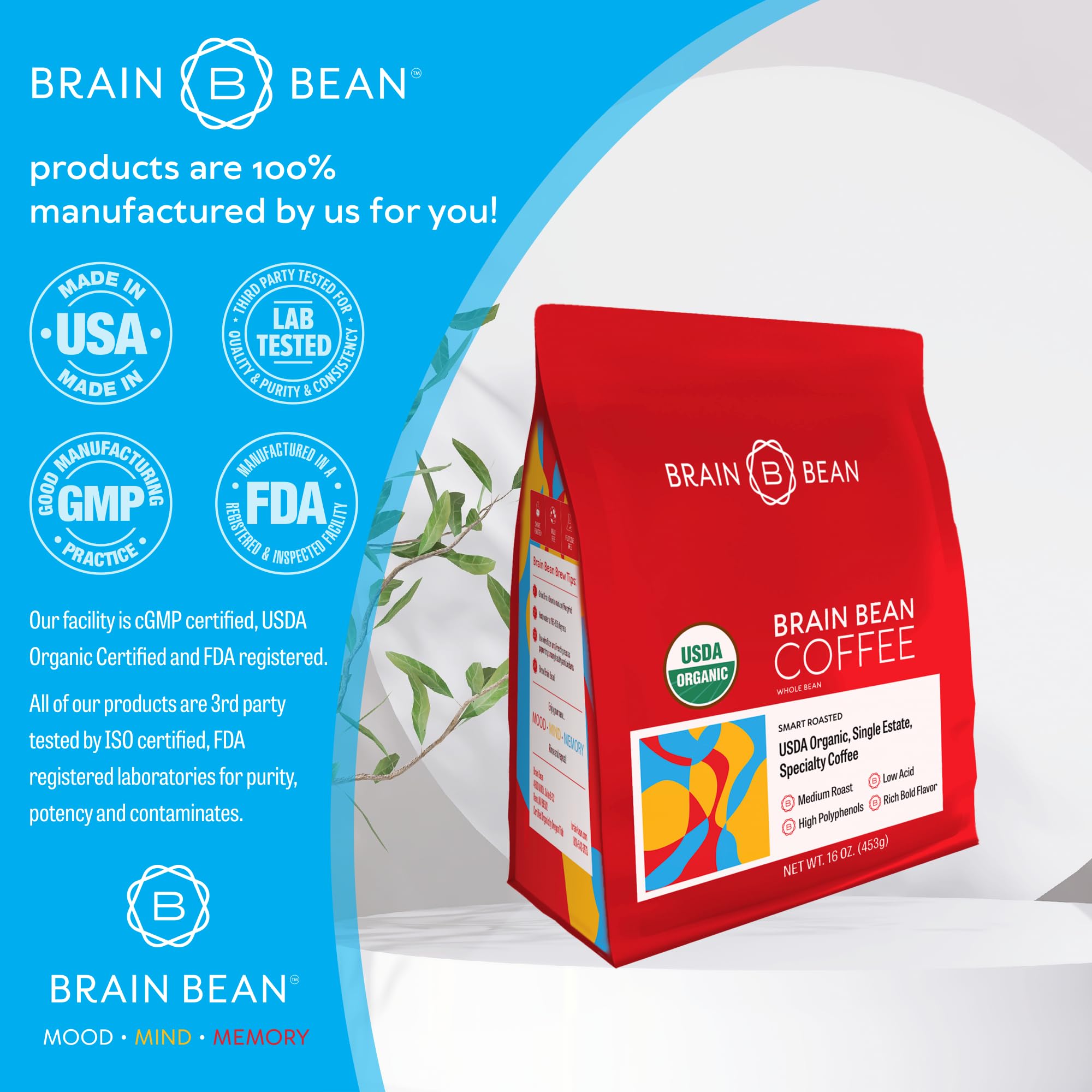 Brain Bean Organic Coffee - Smooth Taste & Rich Medium Roast - High Antioxidant & USDA certified organic for Cognitive Support, Mood Enhancement