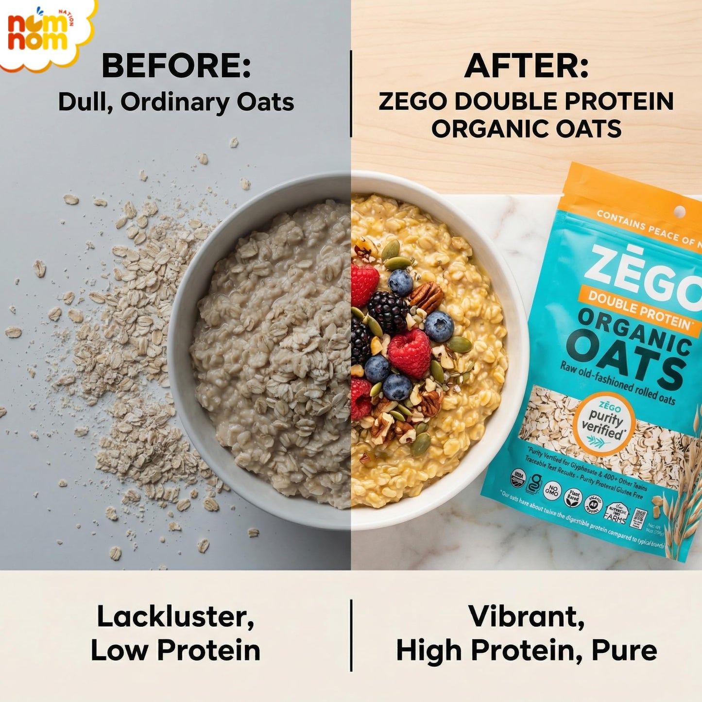 Zego Instant Hot Cereal - (Pack of 2, 14 oz) - Organic Breakfast Grain with Rolled Oats - Protein Blend for Morning and Overnight Use