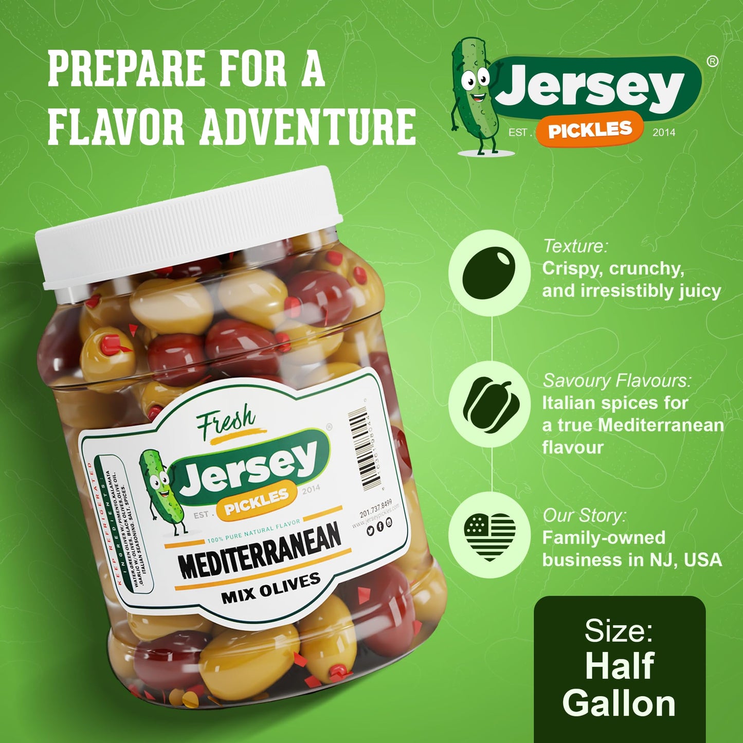 Jersey Pickles - Mediterranean Olives (Half Gallon) - Olives Stuffed - Hand-Stuffed Gourmet Olives with Premium Fillings for Snacks, Charcuterie